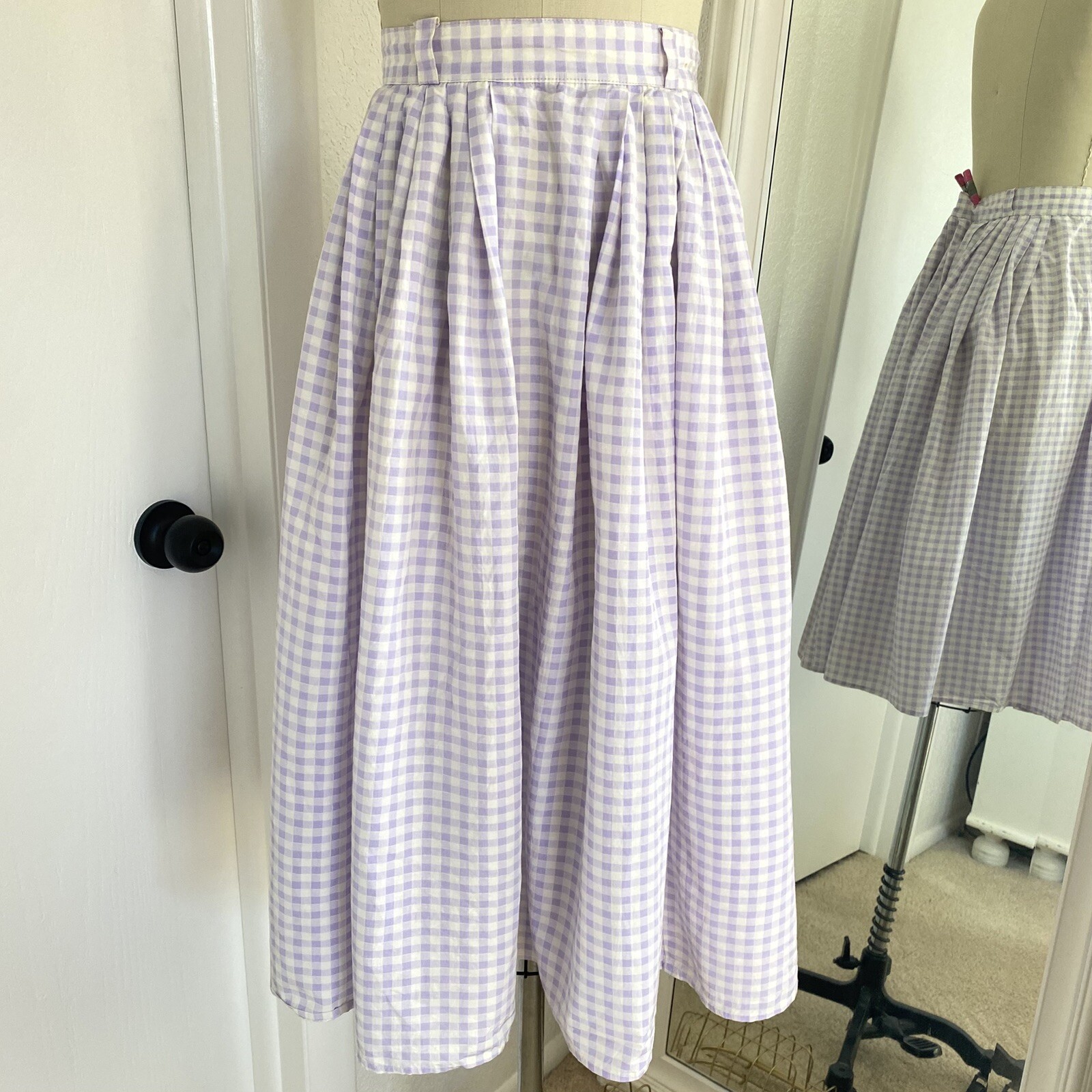Vintage 50s Lavender Purple Full Gingham Skirt Cute Cottage Core 26&Prime; Waist