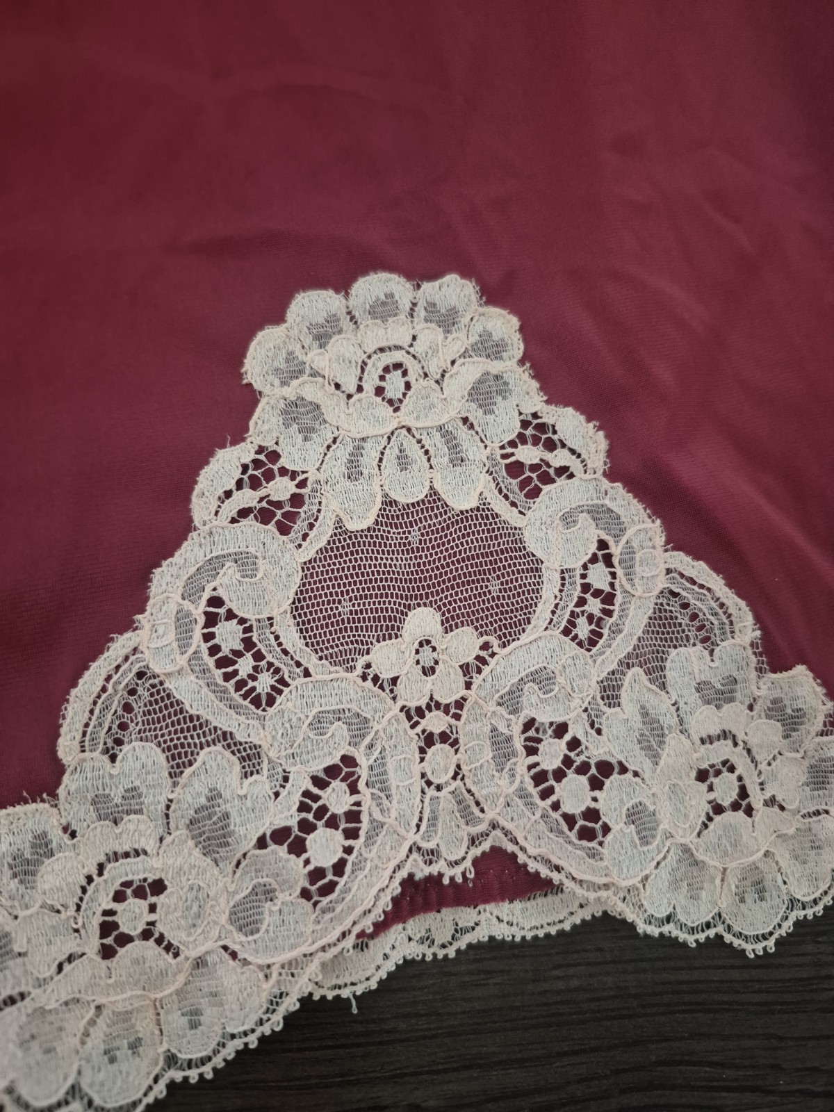 Vintage Vanity Fair Nylon Pajama Set in Burgundy and Beige with Lace Trim, 30