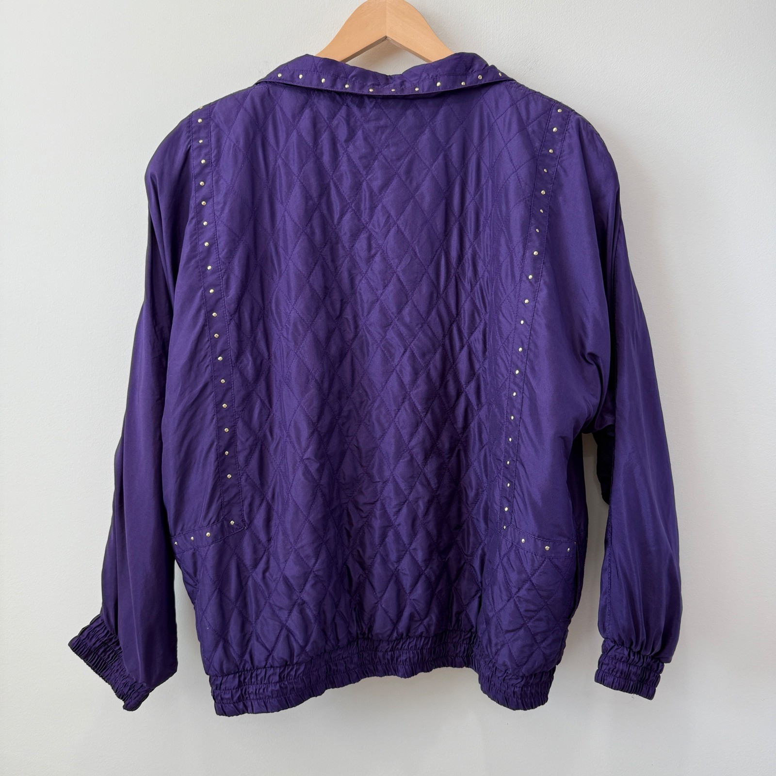 VTG Purple Silk Quilted Studded Windbreaker Bomber Track Jacket Sz L Pockets 80s