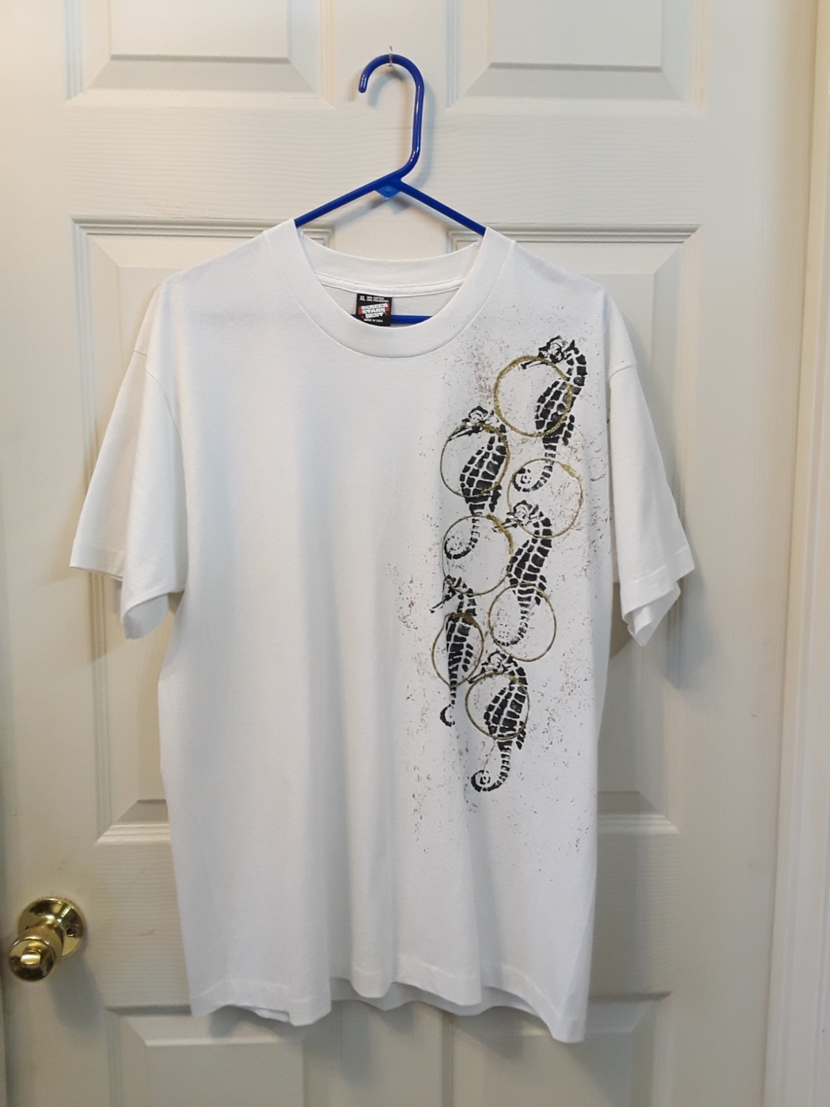 Vintage Women&rsquo;s Screen Stars Single Stitch Shirt Seahorses Gold Glitter XL