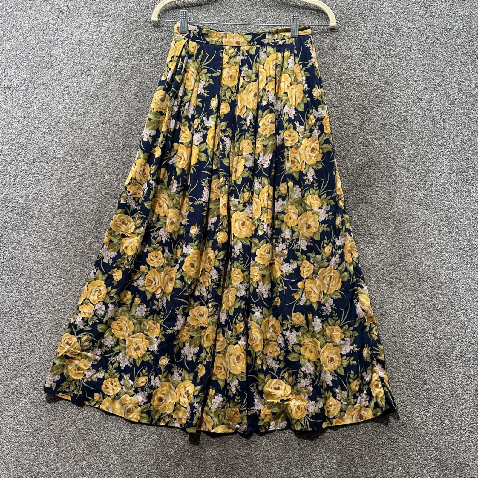 VTG 90s Susan Bristol Maxi Skirt Women 6 Yellow Rose Floral Pleated USA Made