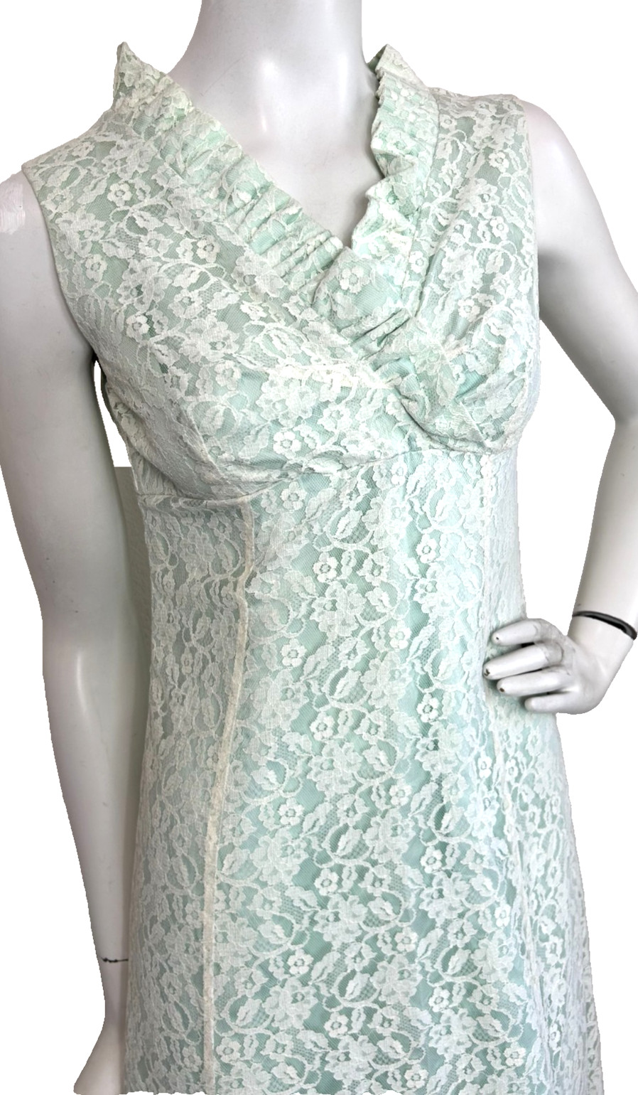 50s Lace Column Dress Size S Aqua Ruffle Sleeveless Lined Ruffle Empire Vintage