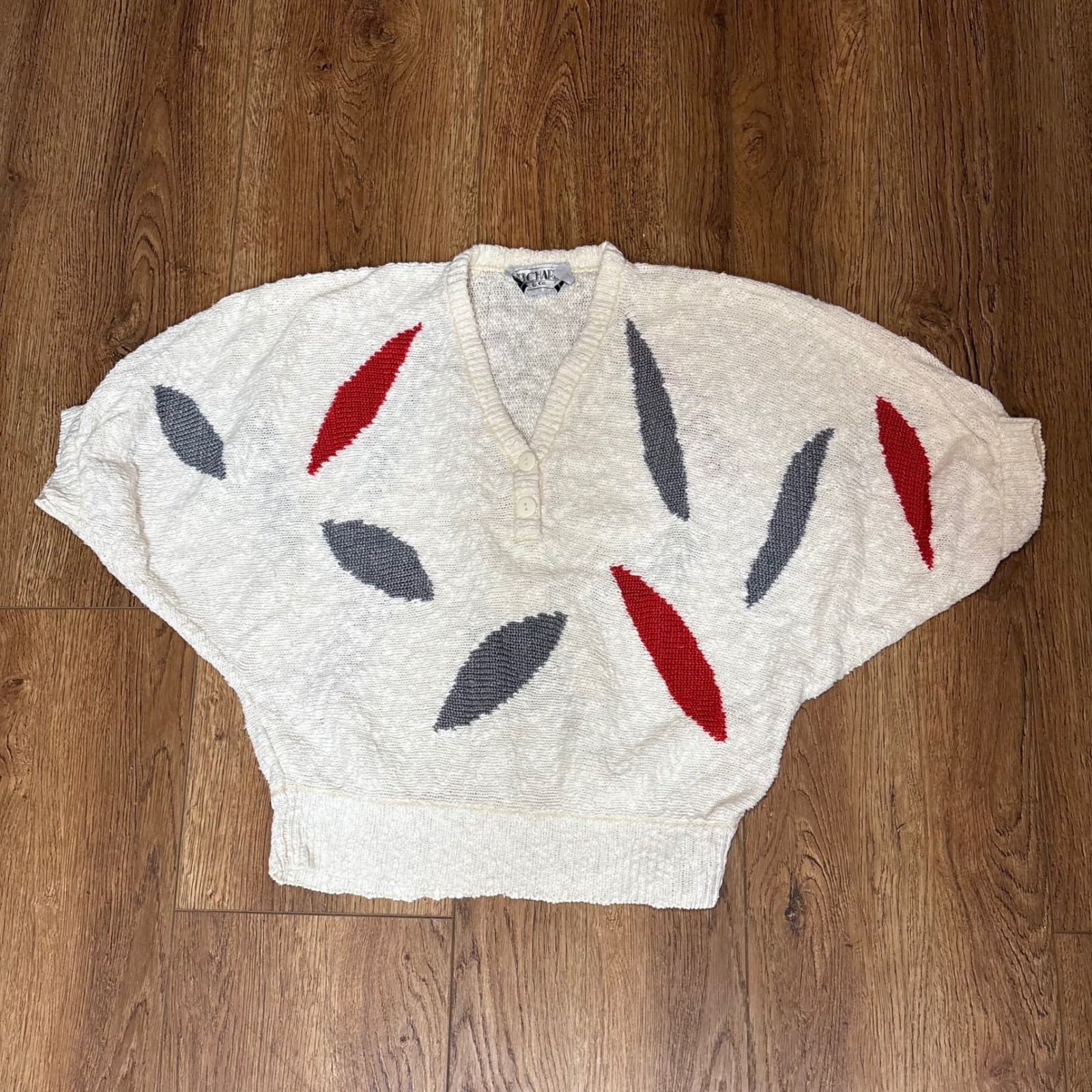 VTG 80s Richard & Co Linen Batwing Sweater Knit Top Cream Abstract Large retro