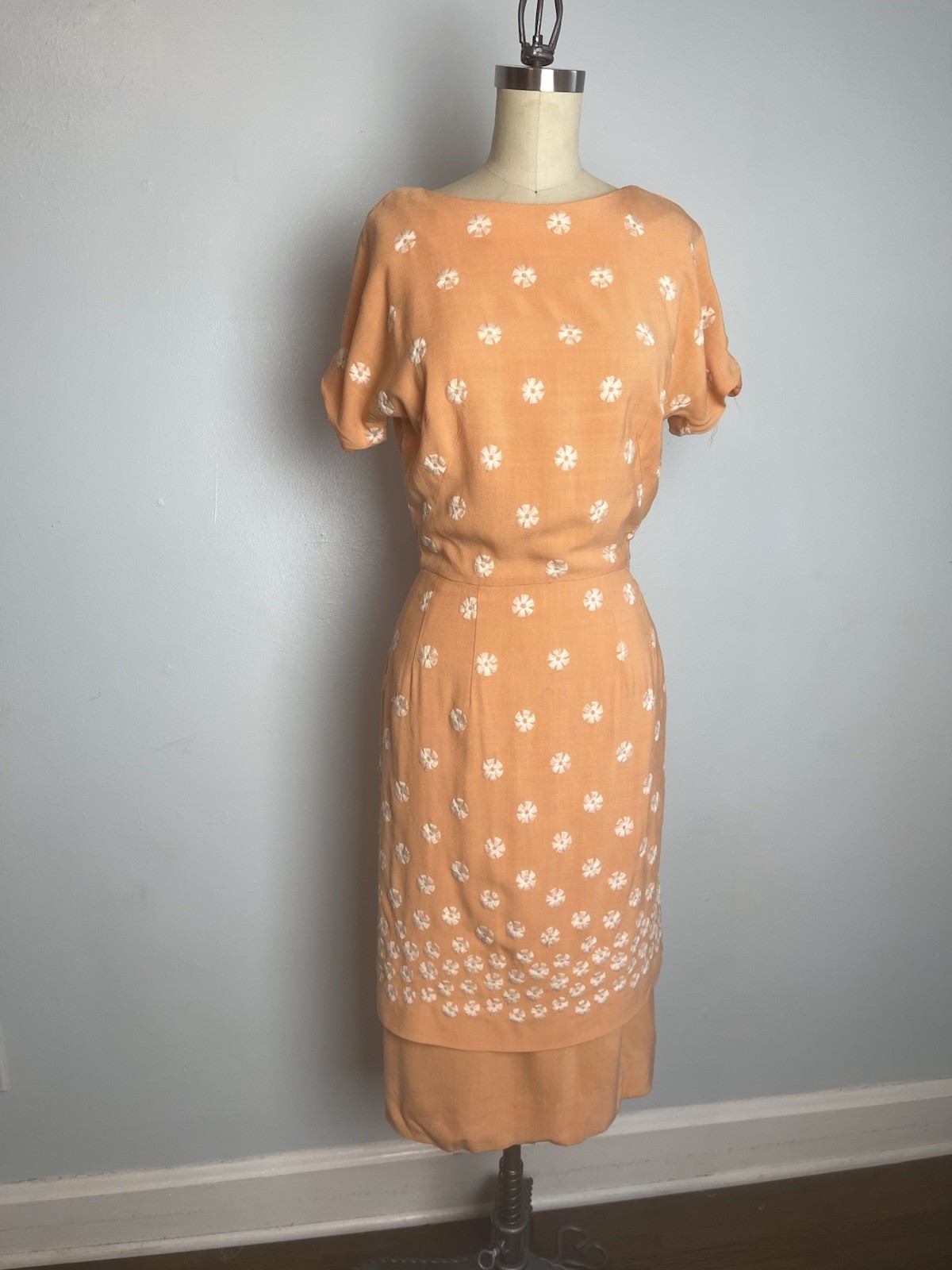 Sherbet and Cream 1960s 60s Embroidered Sheath Dress Orange And White