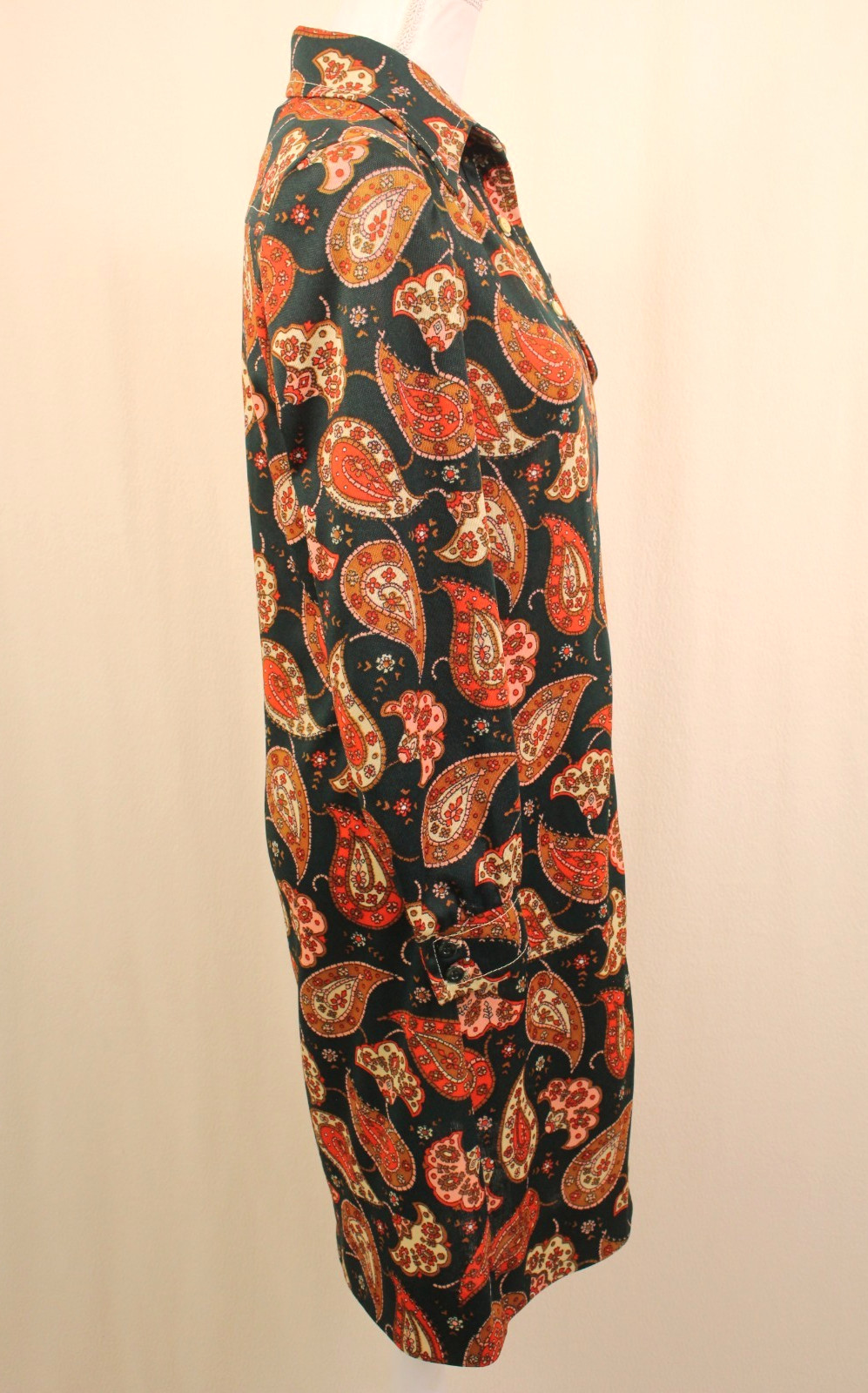 VTG Women&rsquo;s 60s 70s Forest Green & Orange Paisley Shirt Dress S/M 1960s 1970s