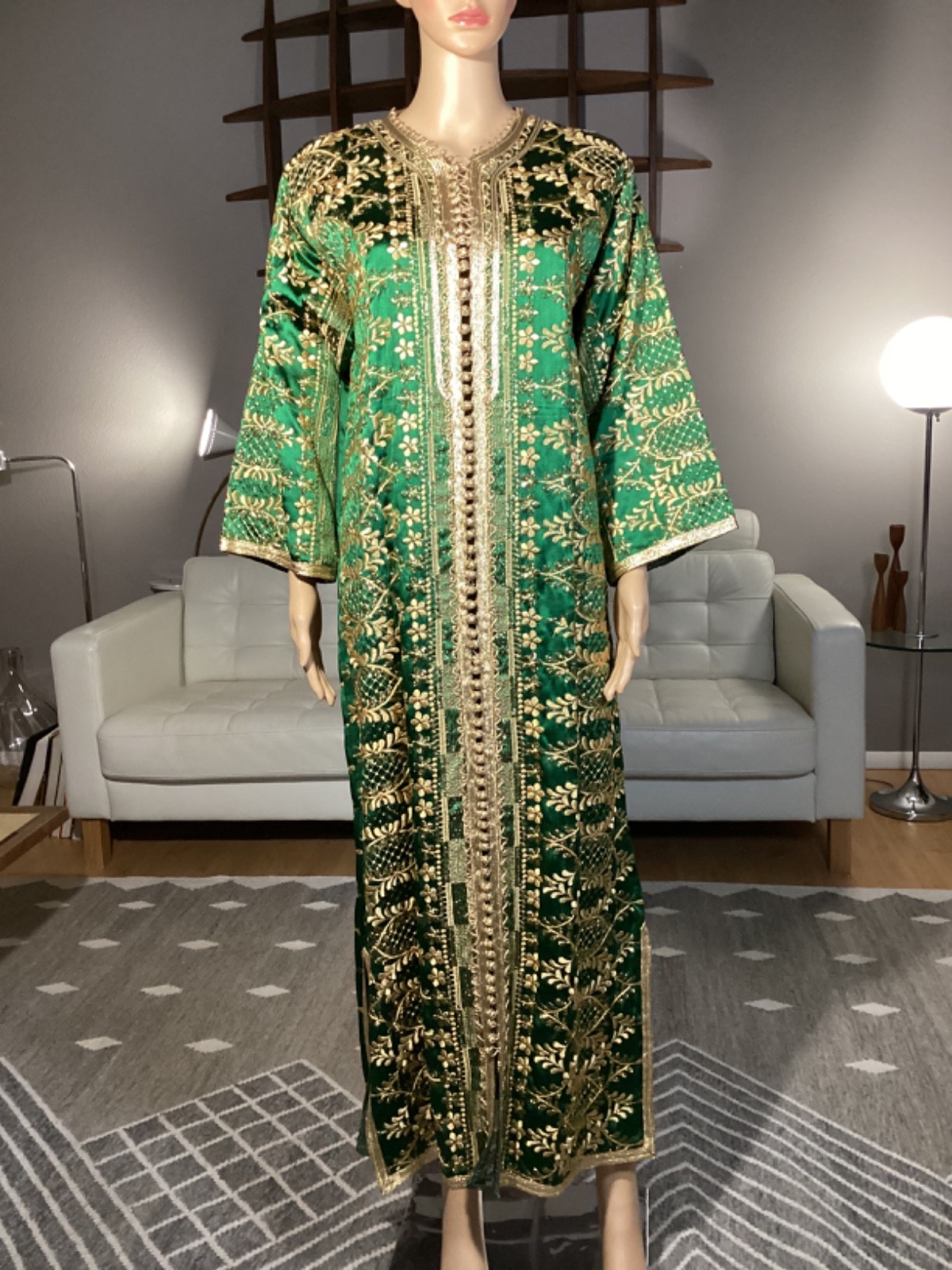 Gorgeous Vintage Moroccan Green Silk Caftan Heavy Gold Embroidery 1960&rsquo;s
