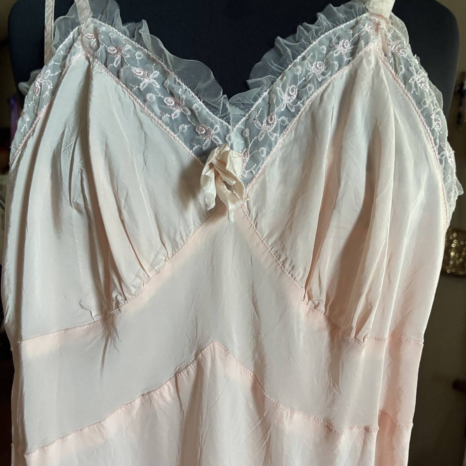 Vintage Pink Charmode Sears Roebuck Rayon Lace Tulle Nightgown Small ￼1950’s