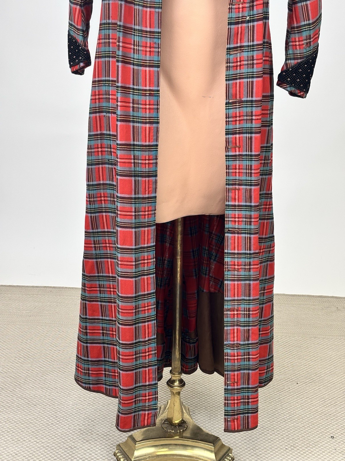 Antique Victorian Walking Coat Plaid Red Green Black Yellow Burnout Velvet AS IS