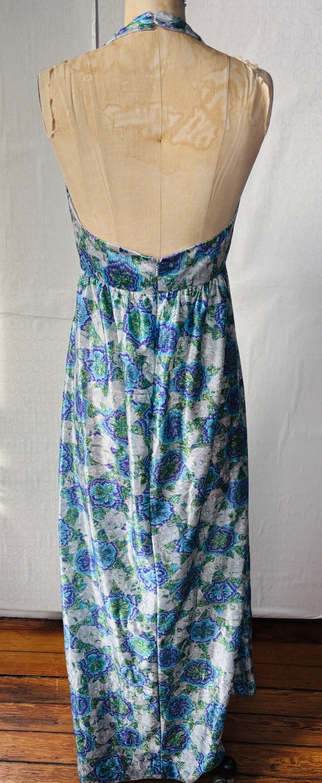 VTG 70&rsquo;S HIPPY BOHO HANDMADE BLUEWHITE&PURPLE FLORAL PAISLEY MAXI DRESS+WRAP*S/M