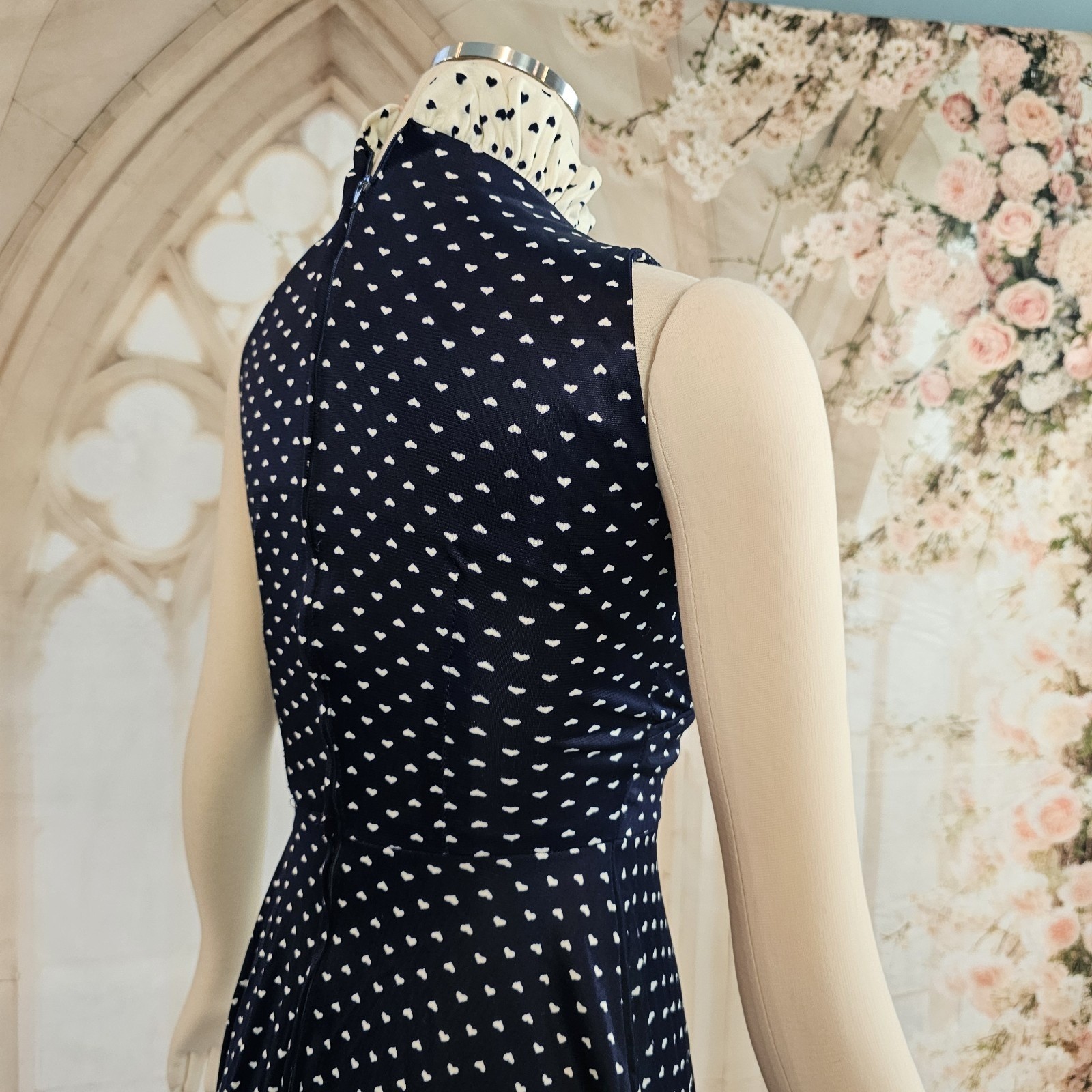 Vintage 1970s Dress Navy Blue White Hearts Ruffle Sweetheart Neckline Maxi