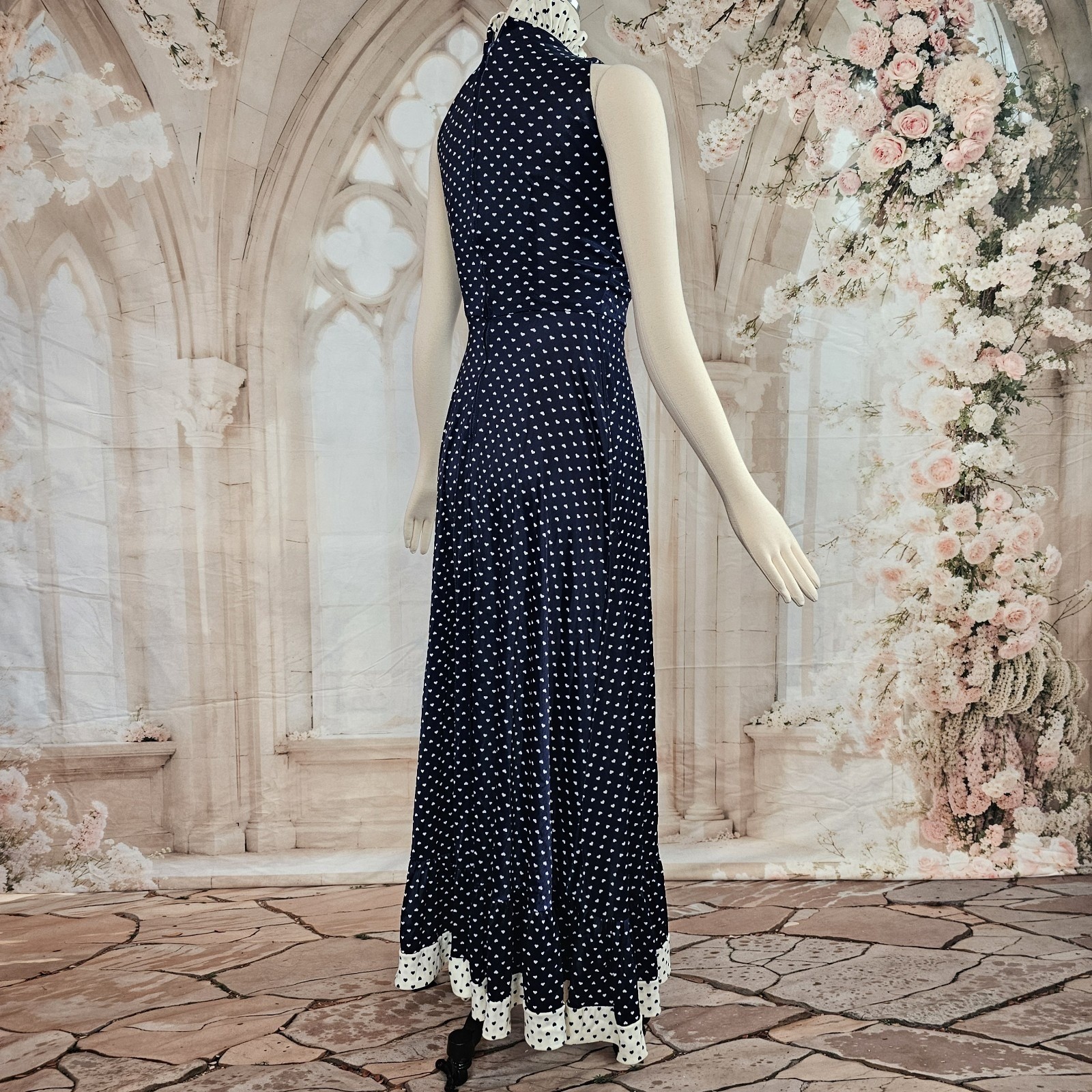 Vintage 1970s Dress Navy Blue White Hearts Ruffle Sweetheart Neckline Maxi