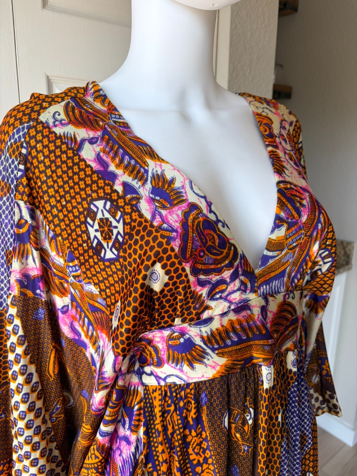 Vintage 70&rsquo;s Colorful Pattern Kaftan Maxi Dress