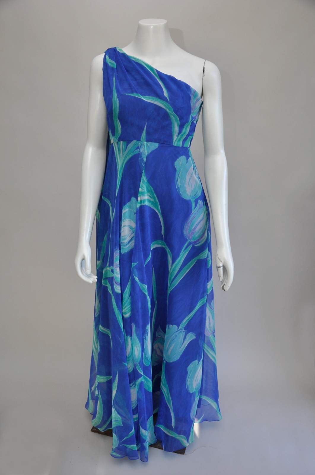 Vintage 1970s One Shoulder Blue Chiffon Floral Grecian Style Maxi Dress Boho S/M