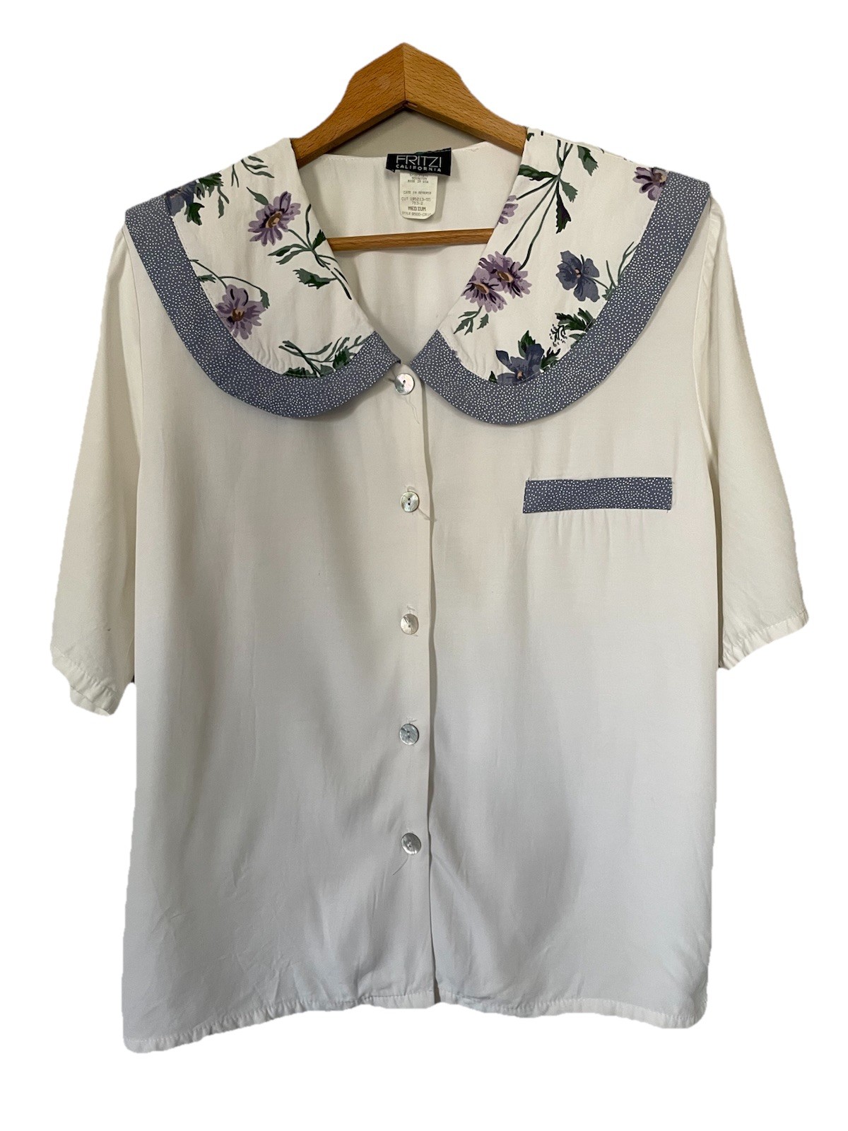 Vintage Fritzi of California Blouse Size Medium Made In USA Blue White RN39831