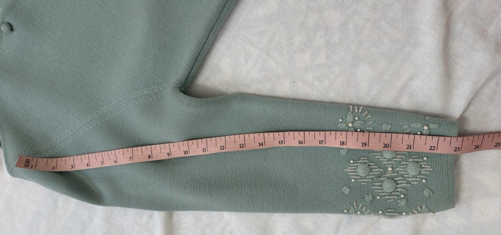 VTG Marshall Fields Skirt Suit Set Womens Large Powder Blue Wool Beaded Pearls