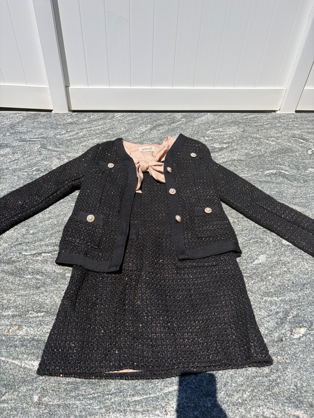 1990s Black Tweed Skirt Suit Set Supermodel Style Size M