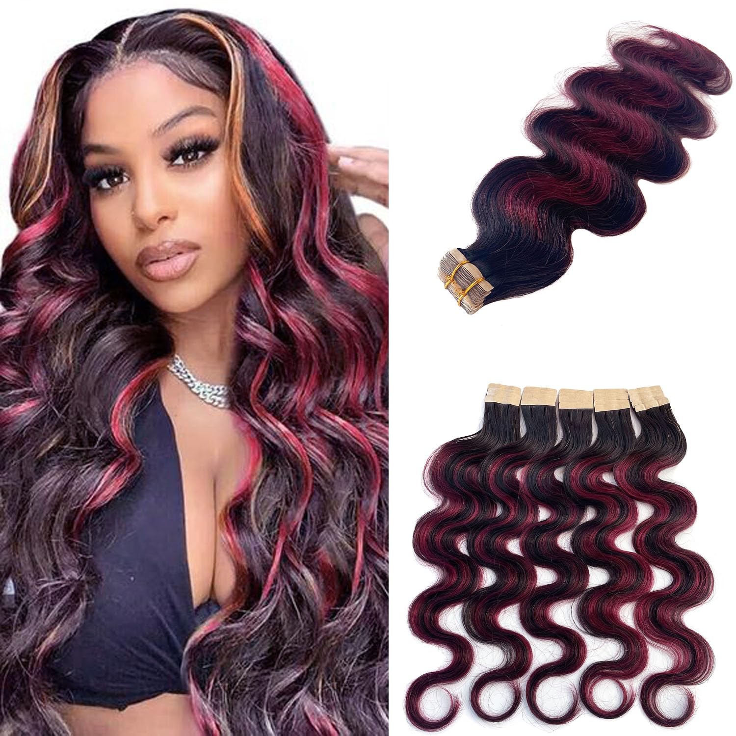 22&Prime; Tape In Human Hair Extensions Body Wave Black Burgundy Highlights