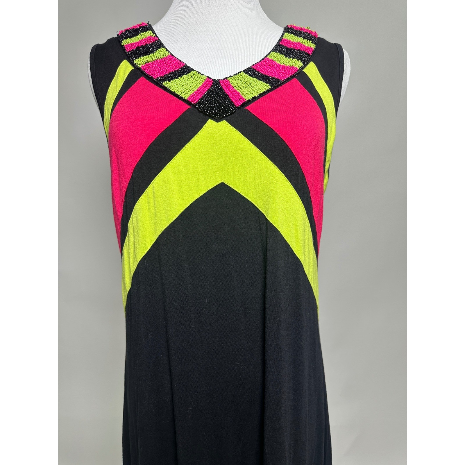 Vintage Variations 90s Y2K Beaded Color Block Jersey Maxi Dress Neon Pink Lime M