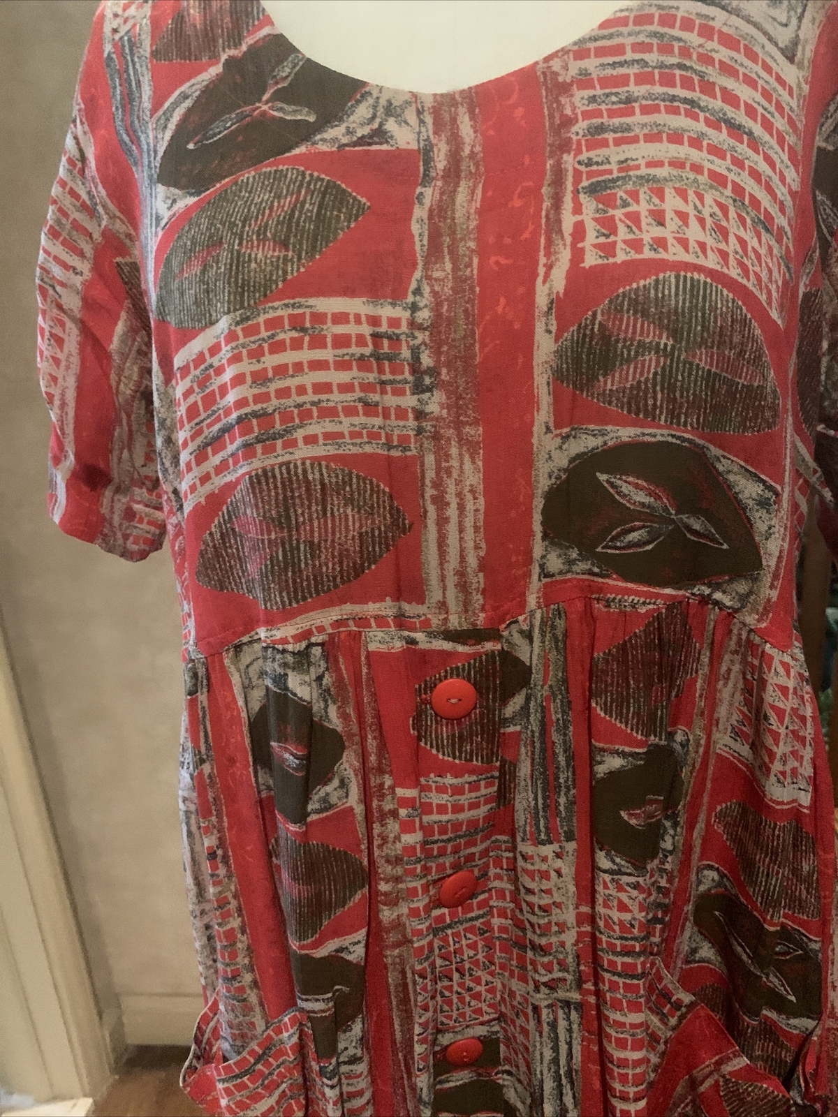 VINTAGE RABBIT DESIGNS ROOMY BOHO SHORT SLEEVE POCKETS MULTI COLOR DRESS SZ. M