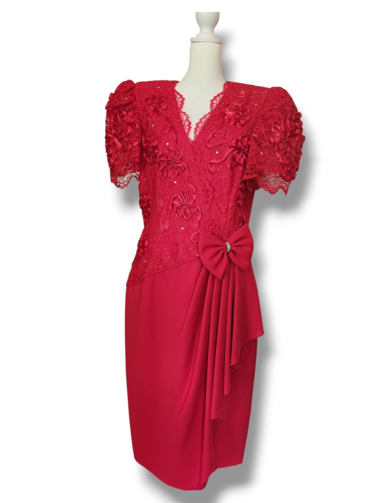 US Vtg 80&rsquo;s ILGWU Leslie Fay Red Textured Embellished Cocktail Dress Hip Bow 12