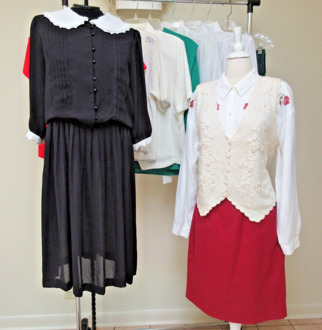 Vtg 12 Pc Lot 1980s Blouses Dress Skirts Sweaters High Collars Geek Secretary