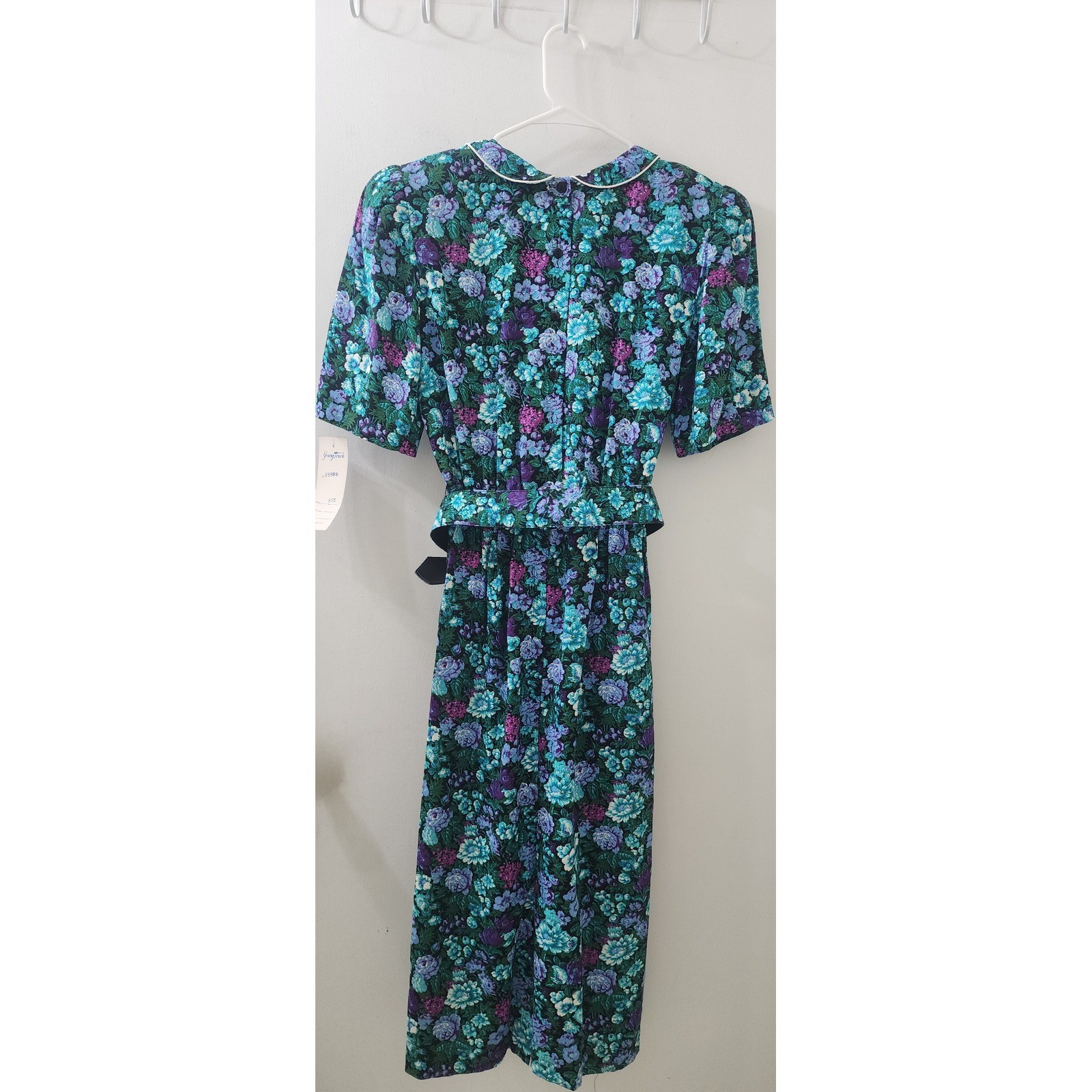 Michelle Stuart Vintage Floral Midi Dress Teal Purple Rayon Belted Size 8 USA