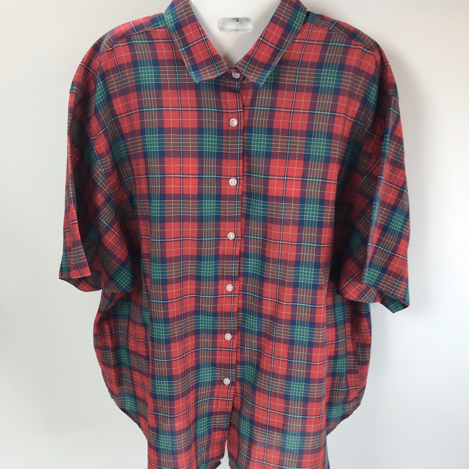 Vintage Blouse The Fox Collection Plaid Button Top Plus Sz 44 Red USA grunge