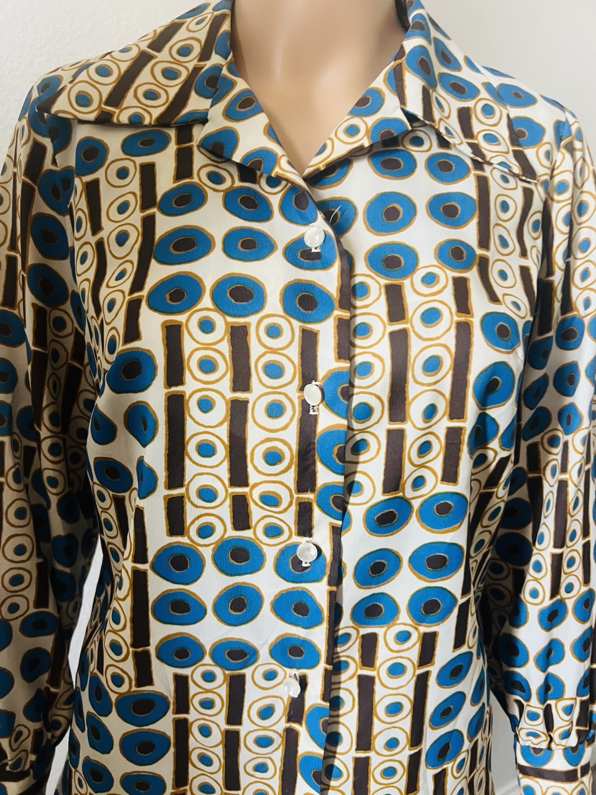 VTG 70s Disco Bold Geometric Circles Big Collar Blouse Graff Californiawear Top