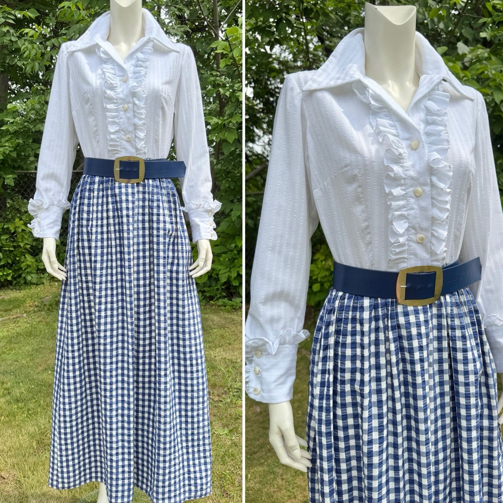 Vintage 1960s 70s GINGHAM HOSTESS DRESS Tuxedo Ruffles Serbin Florida Mod Check