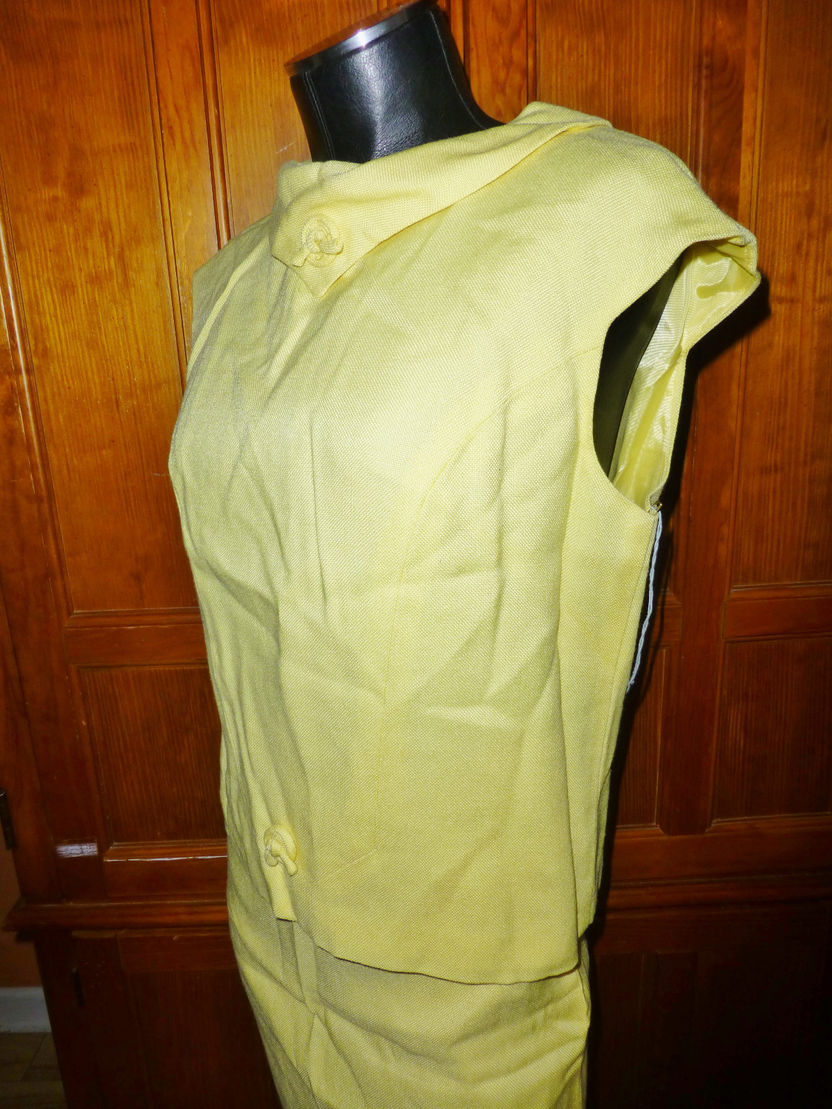 NOS Vtg 60s ROSECREST MOD Linen Yellow 2pc DRESS Pencil SKIRT Blouse Top SET