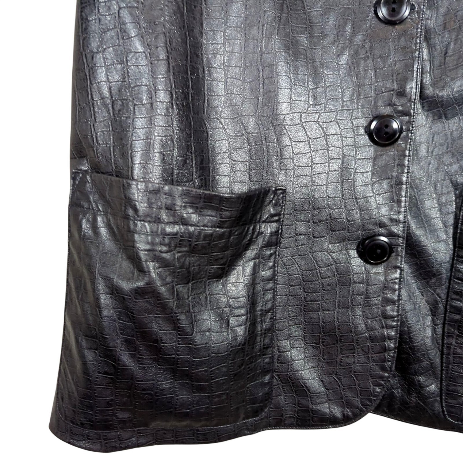 Vintage Vakko Leather Black Jacket Size M Croc Embossed USA Made Button Front
