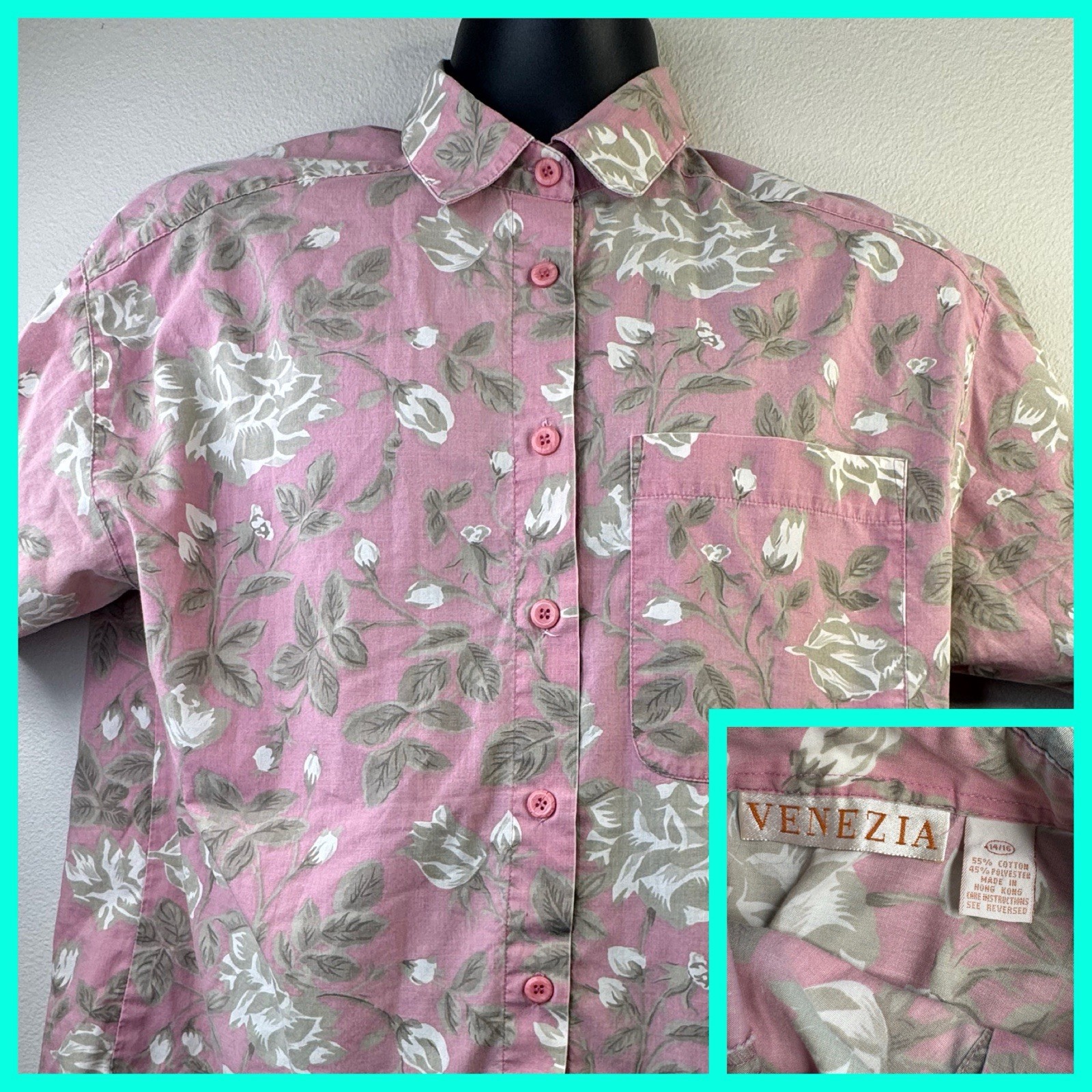 Vintage Venezia Womens’s Shirt Pink W/ Flowers Size 14/16