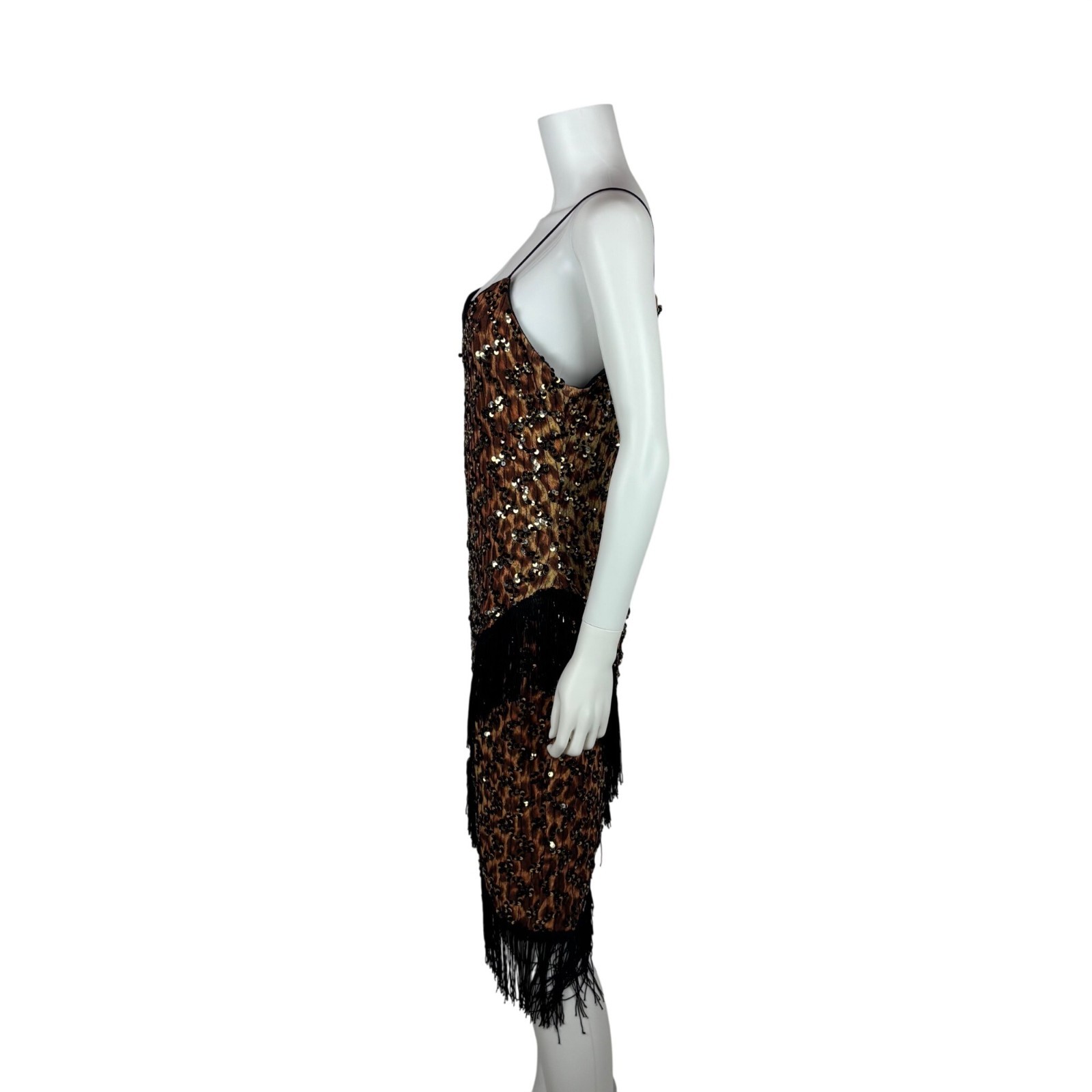 Vintage 90s Flapper Dress Womens Medium Leopard Style Print Sequin Party Fringe