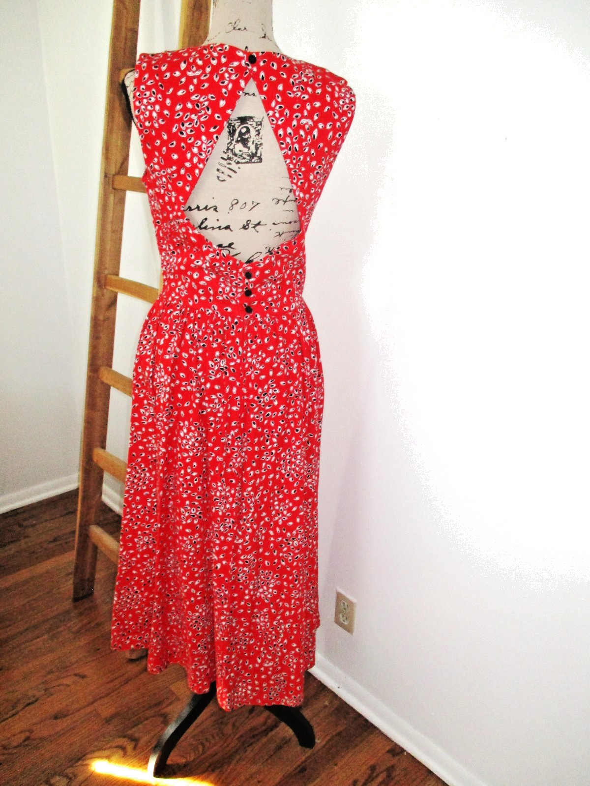 VTG Lanz Originals Red Bark Cloth Maxi Midi Dress Open Back 8 / 10