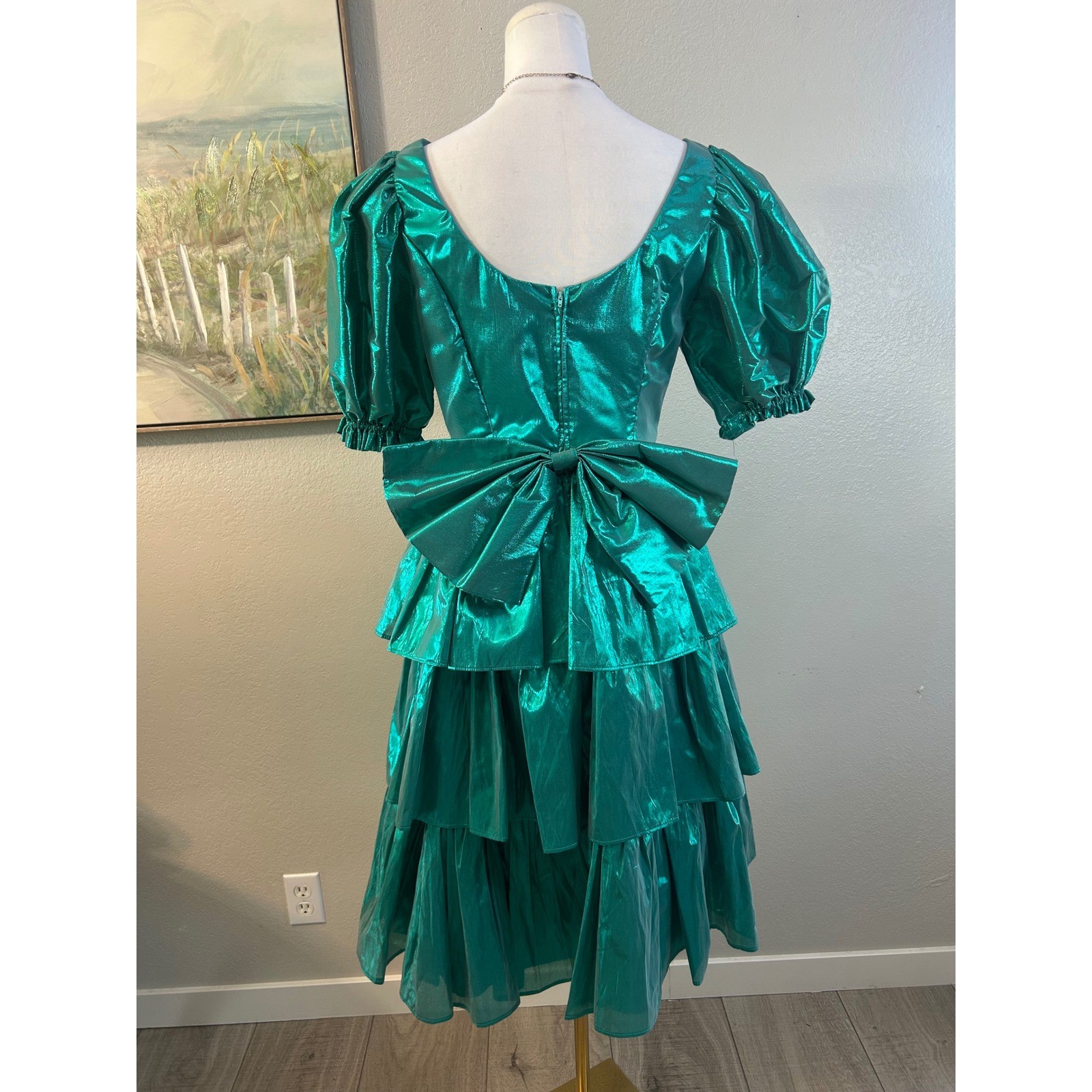 Vintage 80s Metallic Teal Green Puff Sleeve Tiered Ruffle Party Dress Large Bow
