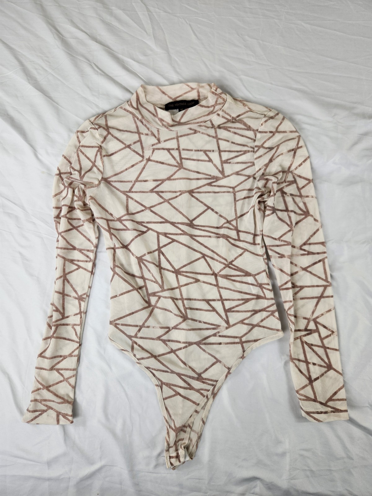 The Vintage Shop Bodysuit L Women Beige Brown Geometric Print Long Sleeve Sheer