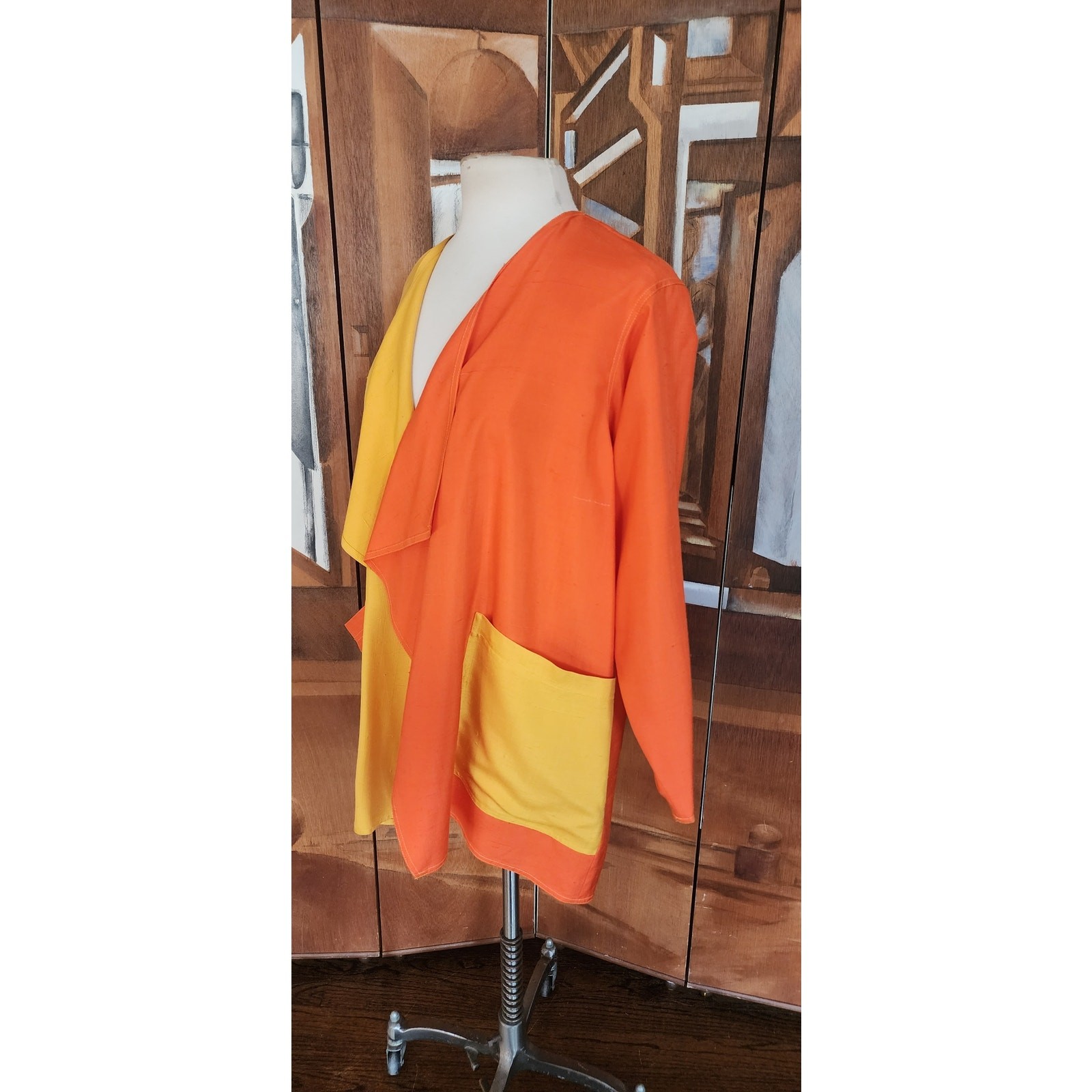 VTG 90s Duster Jacket Silk Yellow Orange Colorblock Blazer Victoria March