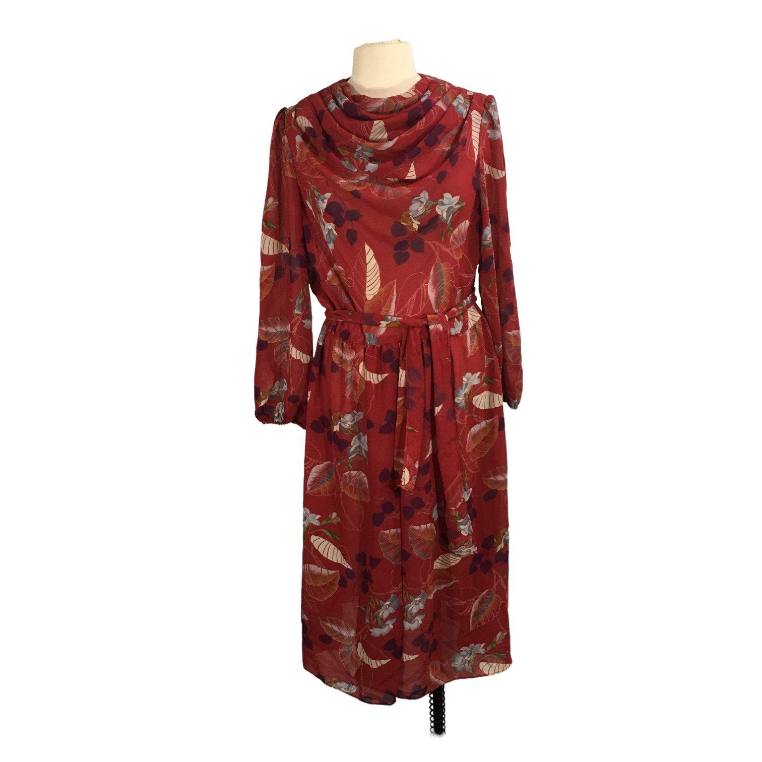 Edith Flagg California Vintage 70s 80&rsquo;s Burgundy Floral Chiffon Dress, 42 Bust