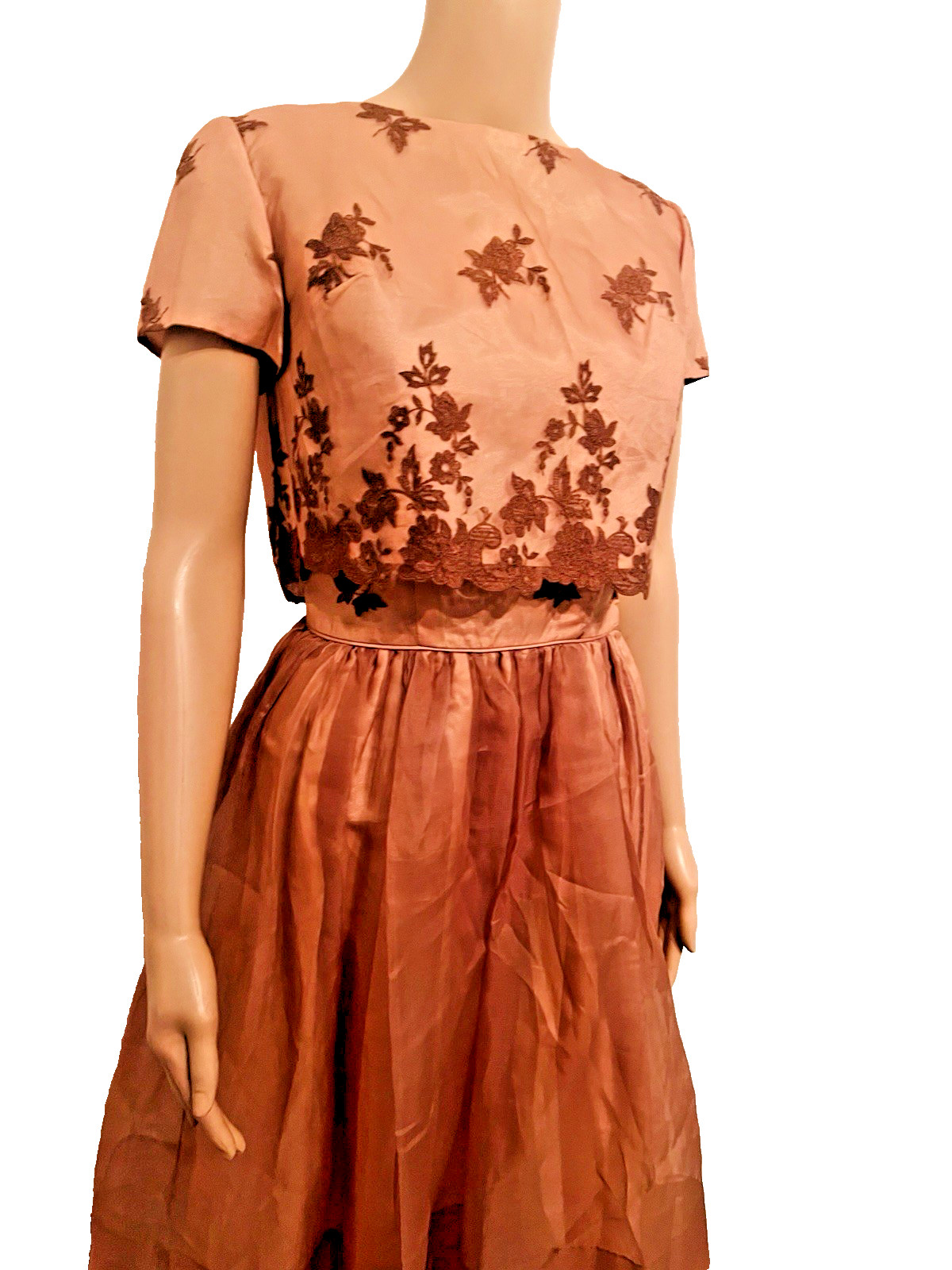 VTG 50s Nina 2pc Copper/Brown Cocktail Dress & Jacket Embroidered Floral Lace M*