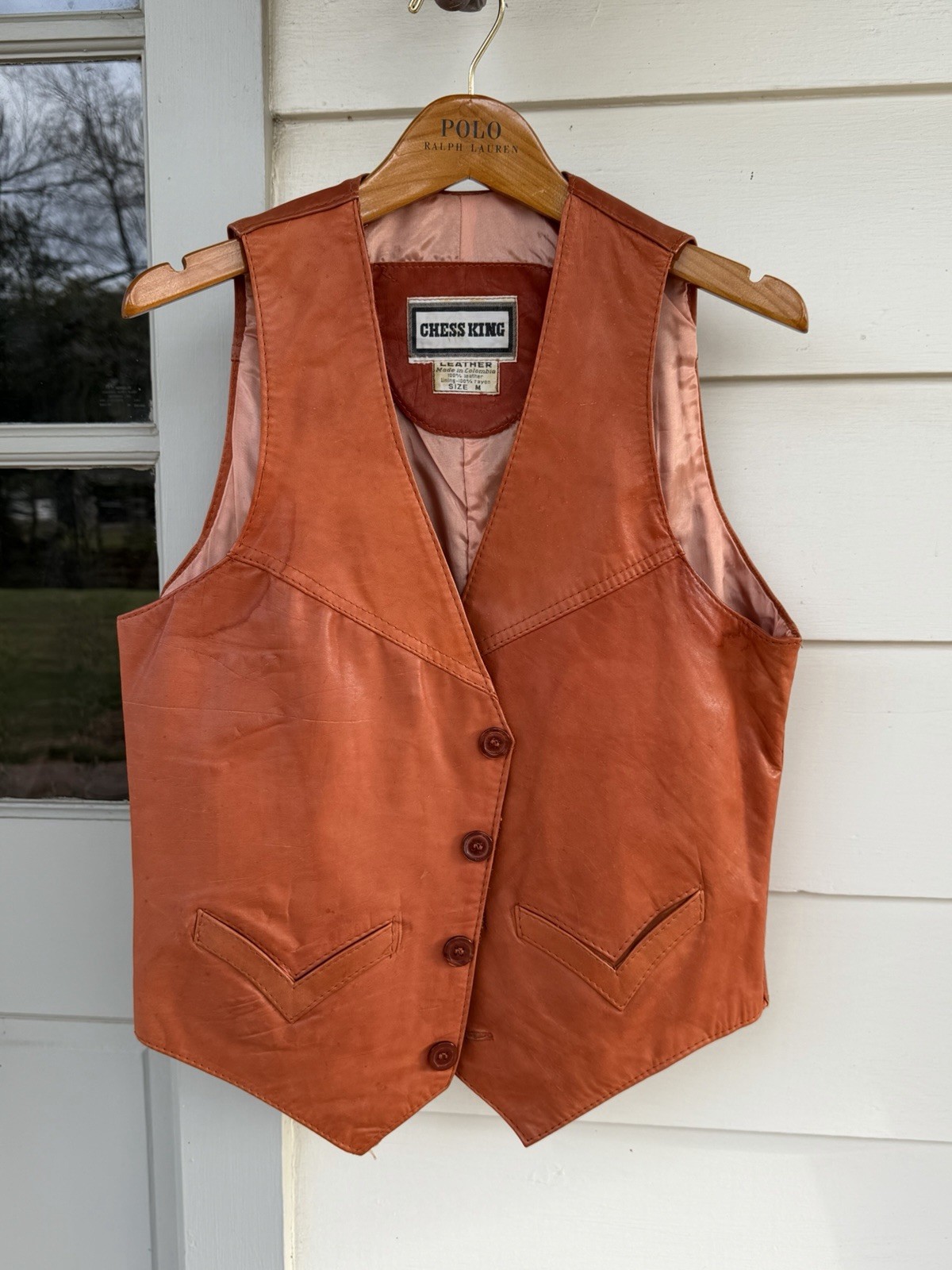 Vintage Chess King Leather Western Vest Arrow Pocket Rust Orange 70s Size M