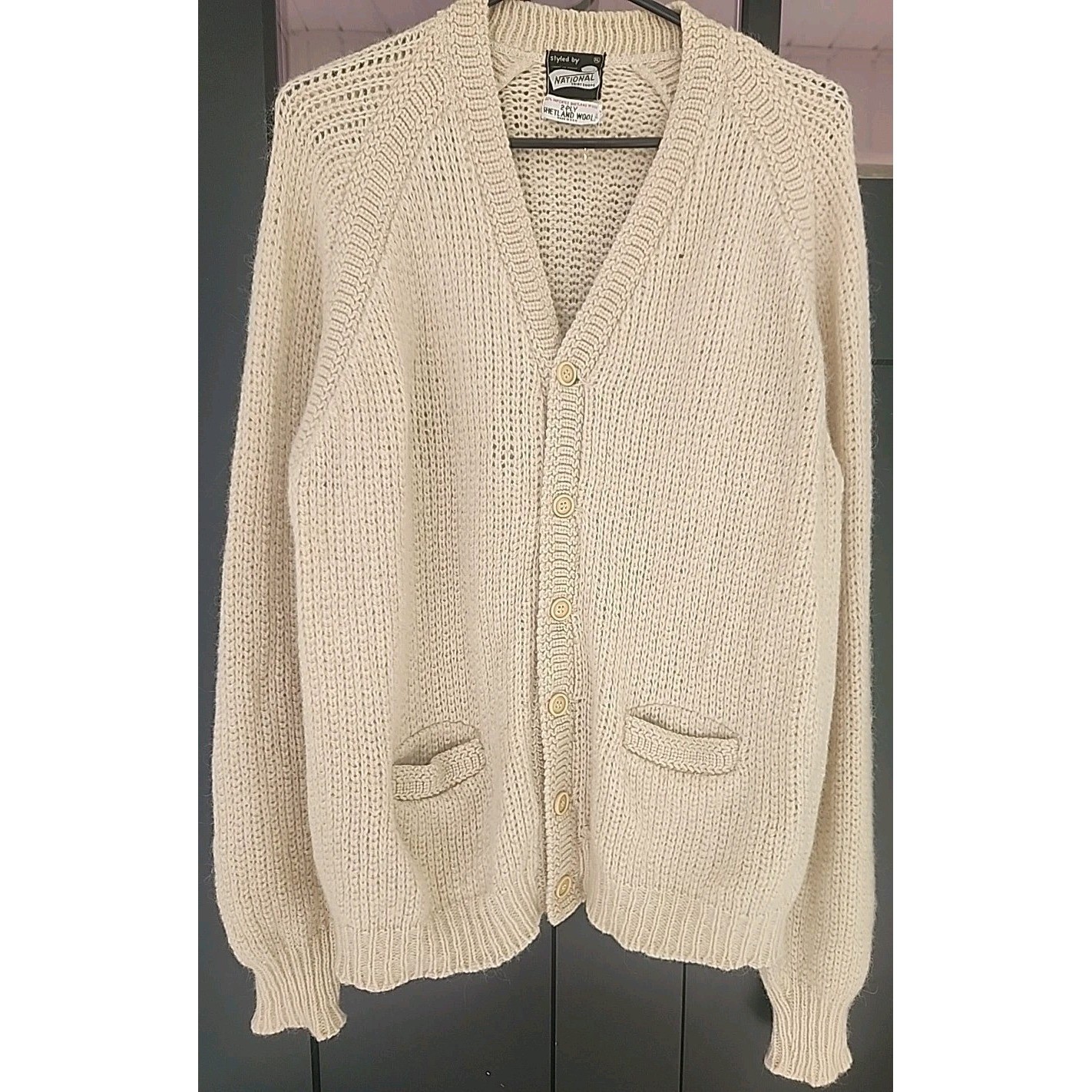 VTG National Shirt Shops Coast to Coast Cream Cardigan Sweater Shetland Wool