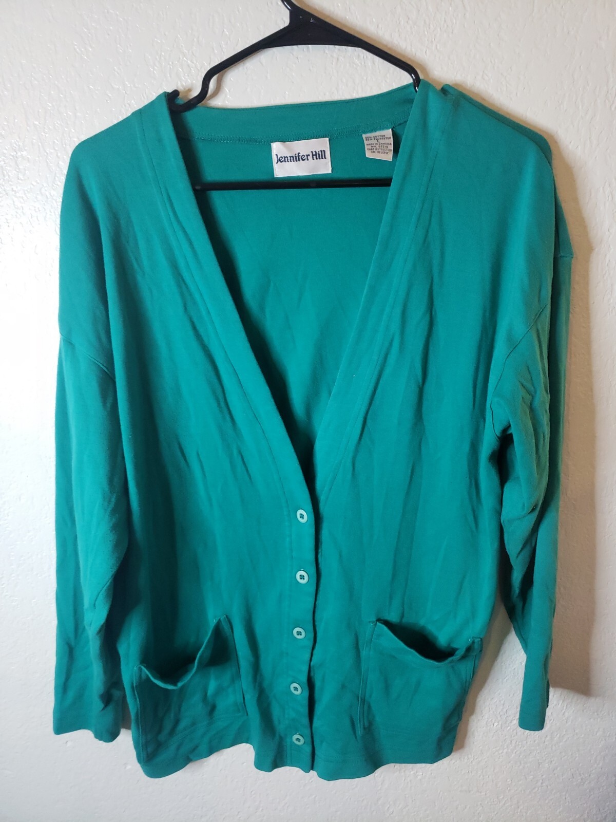 Jennifer Hill Deep V- Neck Cardigan sweater Womens Large Green Made in Jamaica