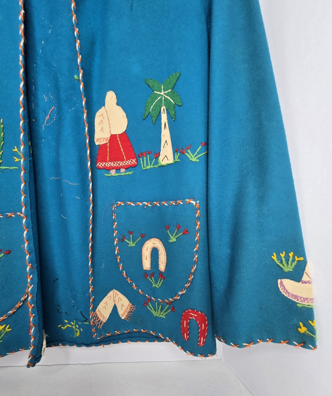 Vintage Mid-Century Lopez Mexican Wool Embroidered Souvenir Jacket – Teal As-Is