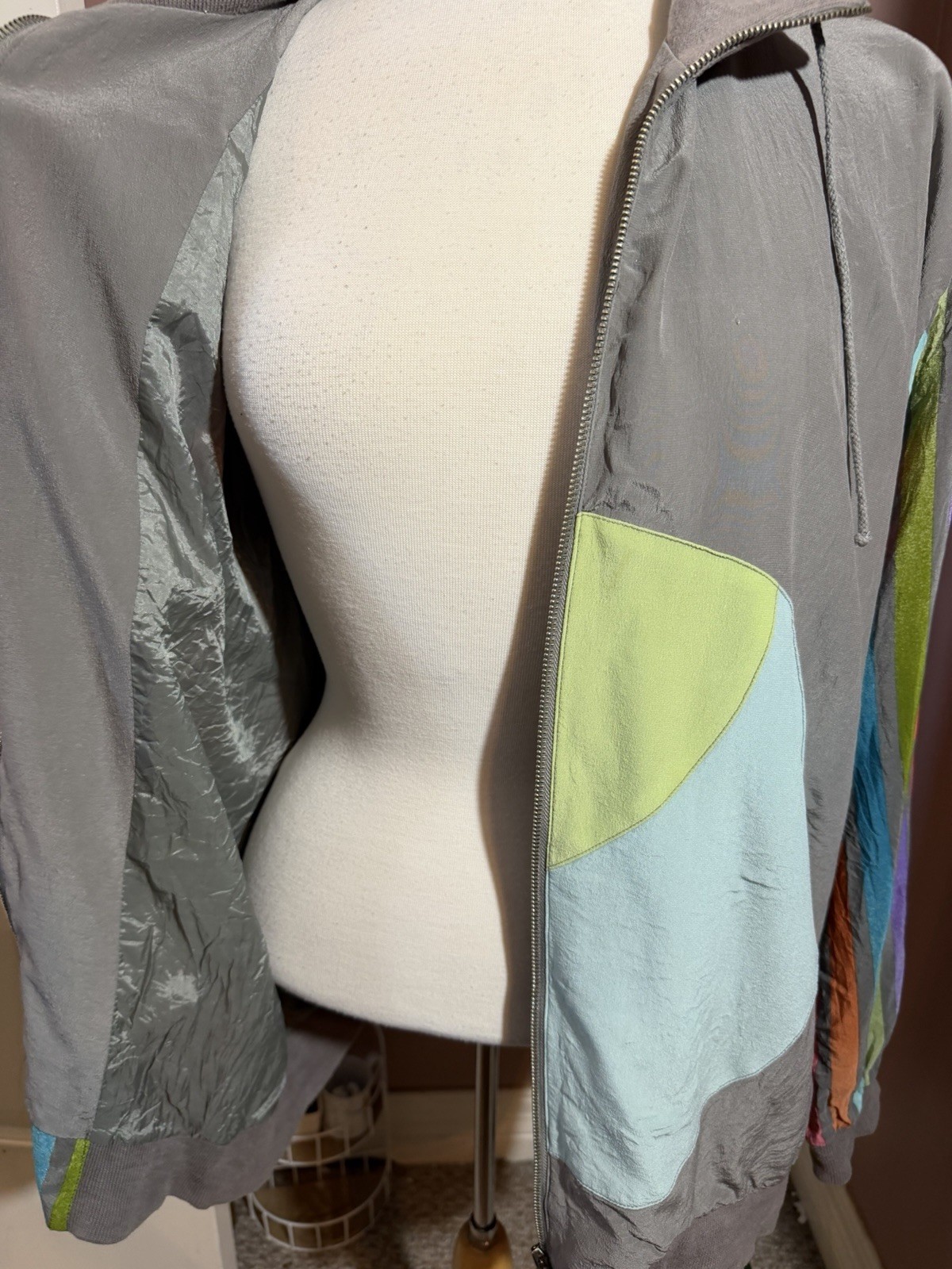 Vintage 100% Silk Full Zip Jacket Womens XL Gray Multicolor Stripe Colorblock