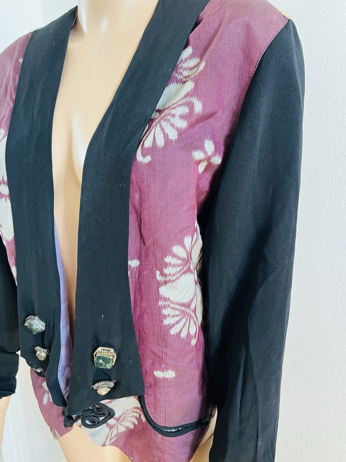VTG Rebel Smith USA Silk* Open Jacket Floral Art Top Gemstone Accents M/L* OOAK