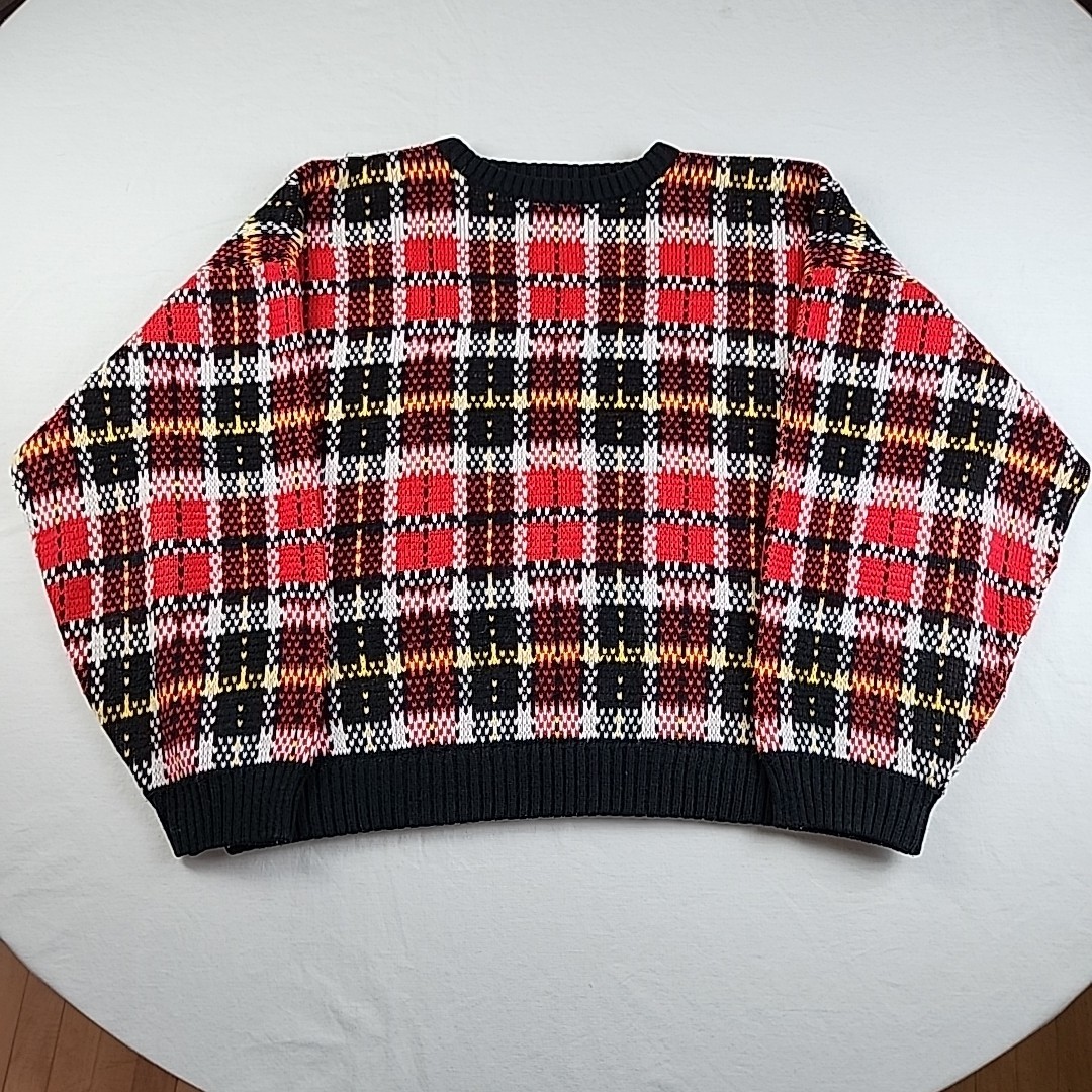 VTG 80s Womens Black Plad Grid Striped Geometric Knit Sweater Size L/XL Short