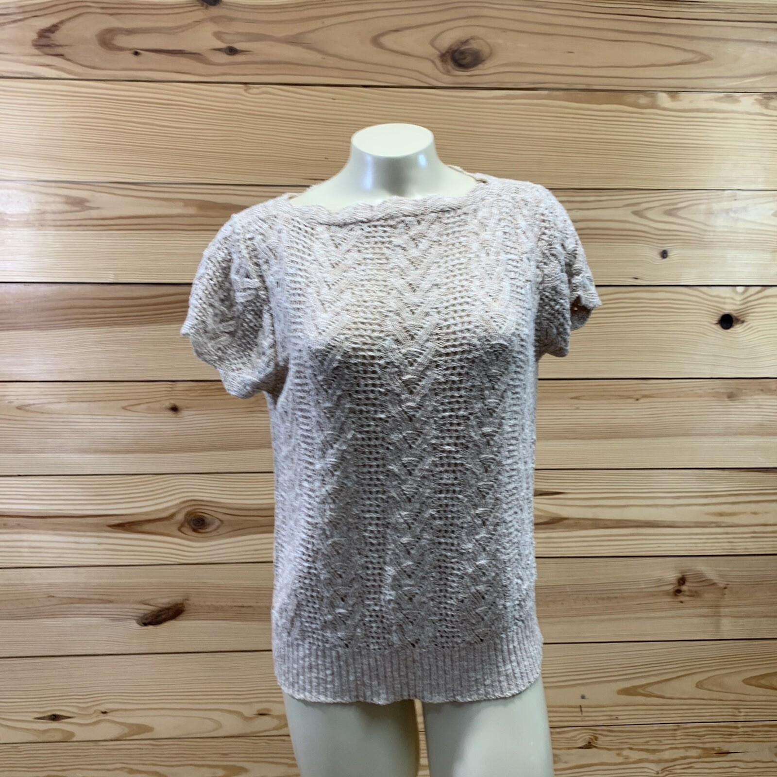 Vintage Kenneth Too Sweater Shirt Medium Beige Knit Scalloped Boat Neck SS B89