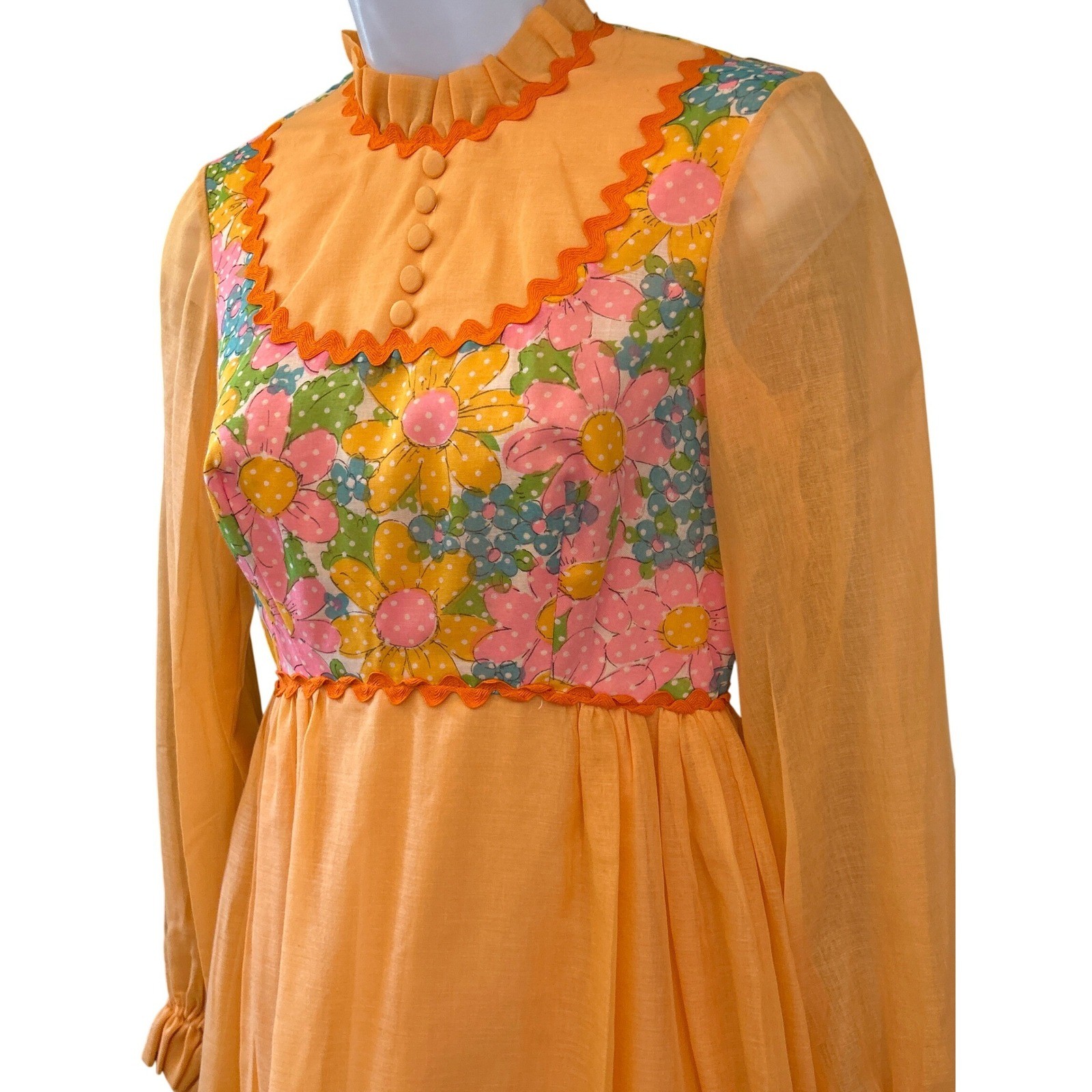 Vintage 70s Prairie Maxi Dress Orange Floral Yoke ILGWU Cottagecore Boho Groovy