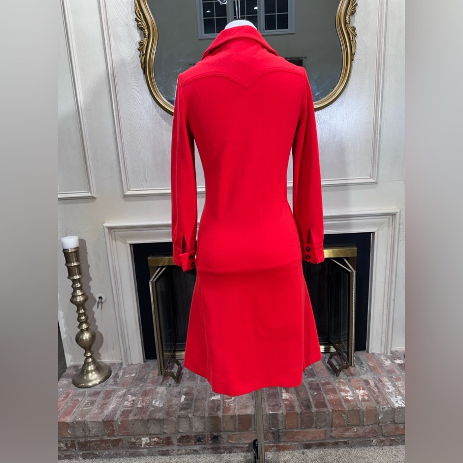 Vintage David Crystal Red Button-Front Dress Heavy Knit Collared (fits small)