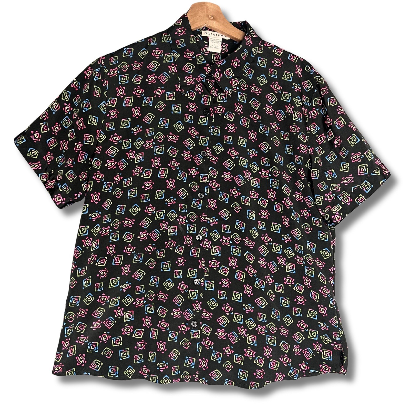 Vtg 80s Notions Large Button Up Short Sleeve Neon Geometric All Over Print
